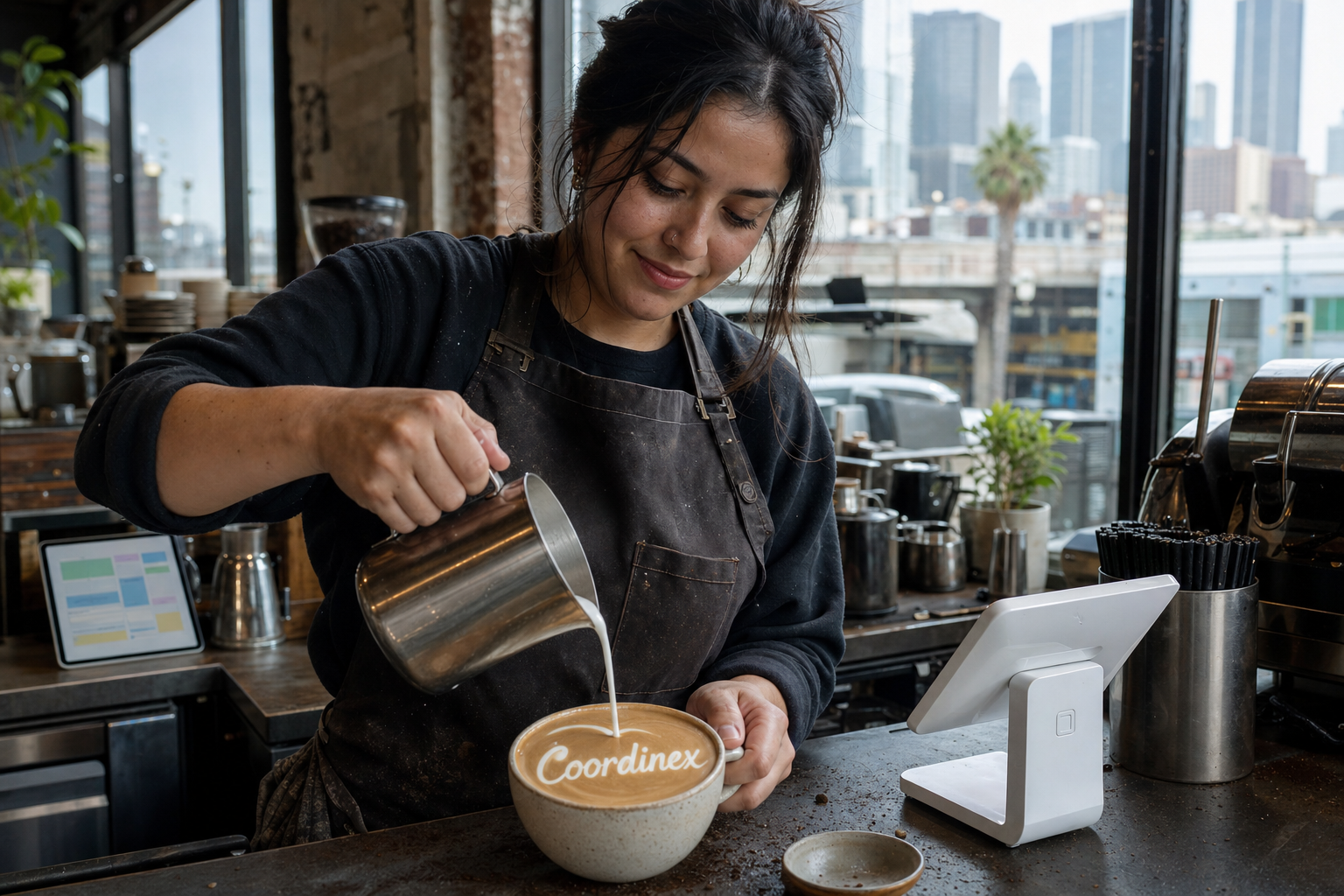 Young adult woman barista pouring milk into latte art spelling Coordinex, with a point-of-sale tablet nearby inside a coffee shop in Downtown Los Angeles, CA.