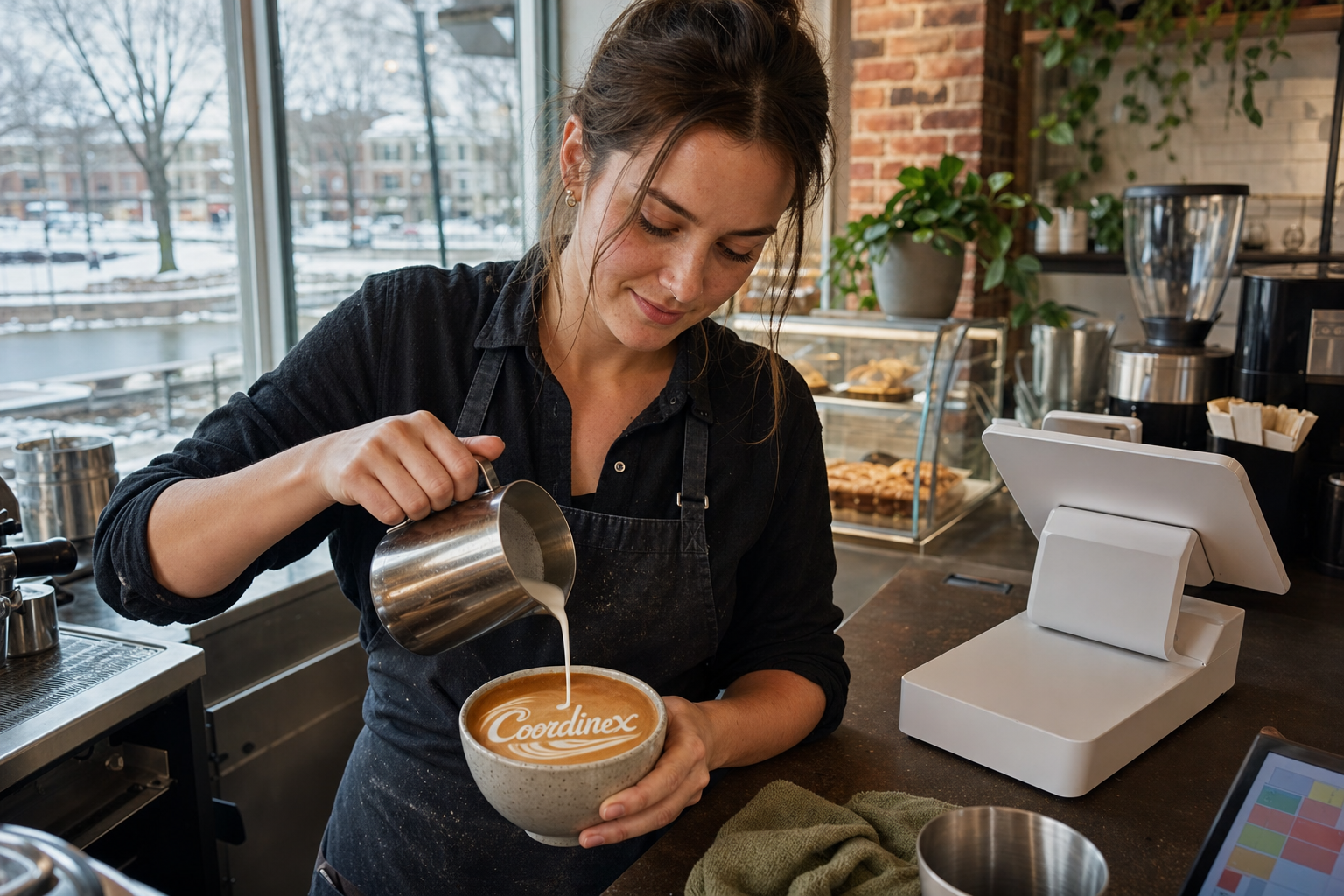 Young adult woman barista pouring milk into latte art spelling Coordinex, with a point-of-sale tablet nearby inside a coffee shop in Edina, MN.