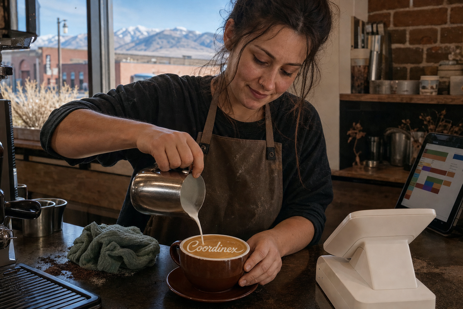 Independent Elko, NV coffee shop interior with high-desert morning light outside.