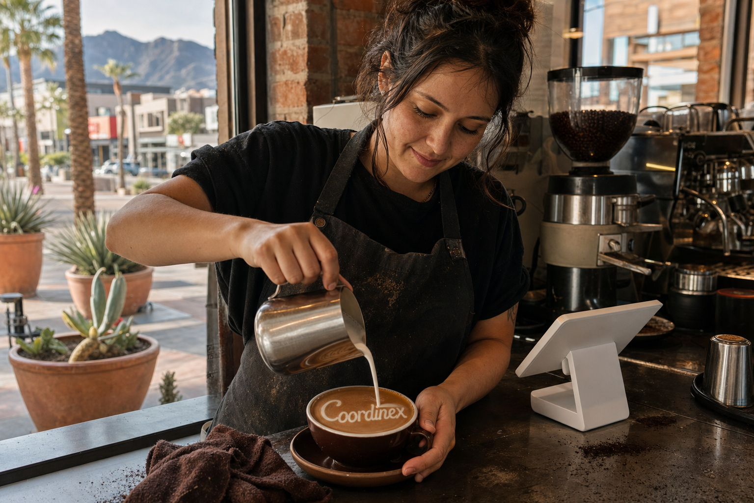 Young adult woman barista pouring milk into latte art spelling Coordinex, with a point-of-sale tablet nearby inside a coffee shop in Glendale, AZ.