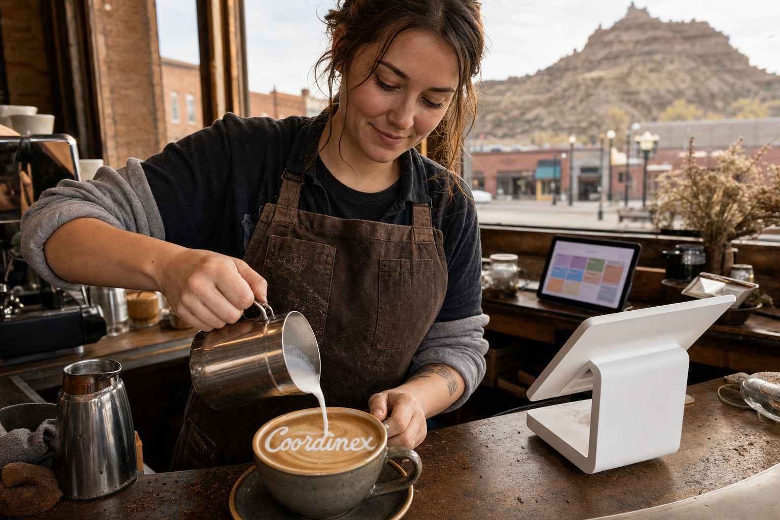 Glendive coffee shop near Downtown Glendive, Makoshika State Park, and Yellowstone River with Montana morning light at the espresso bar.