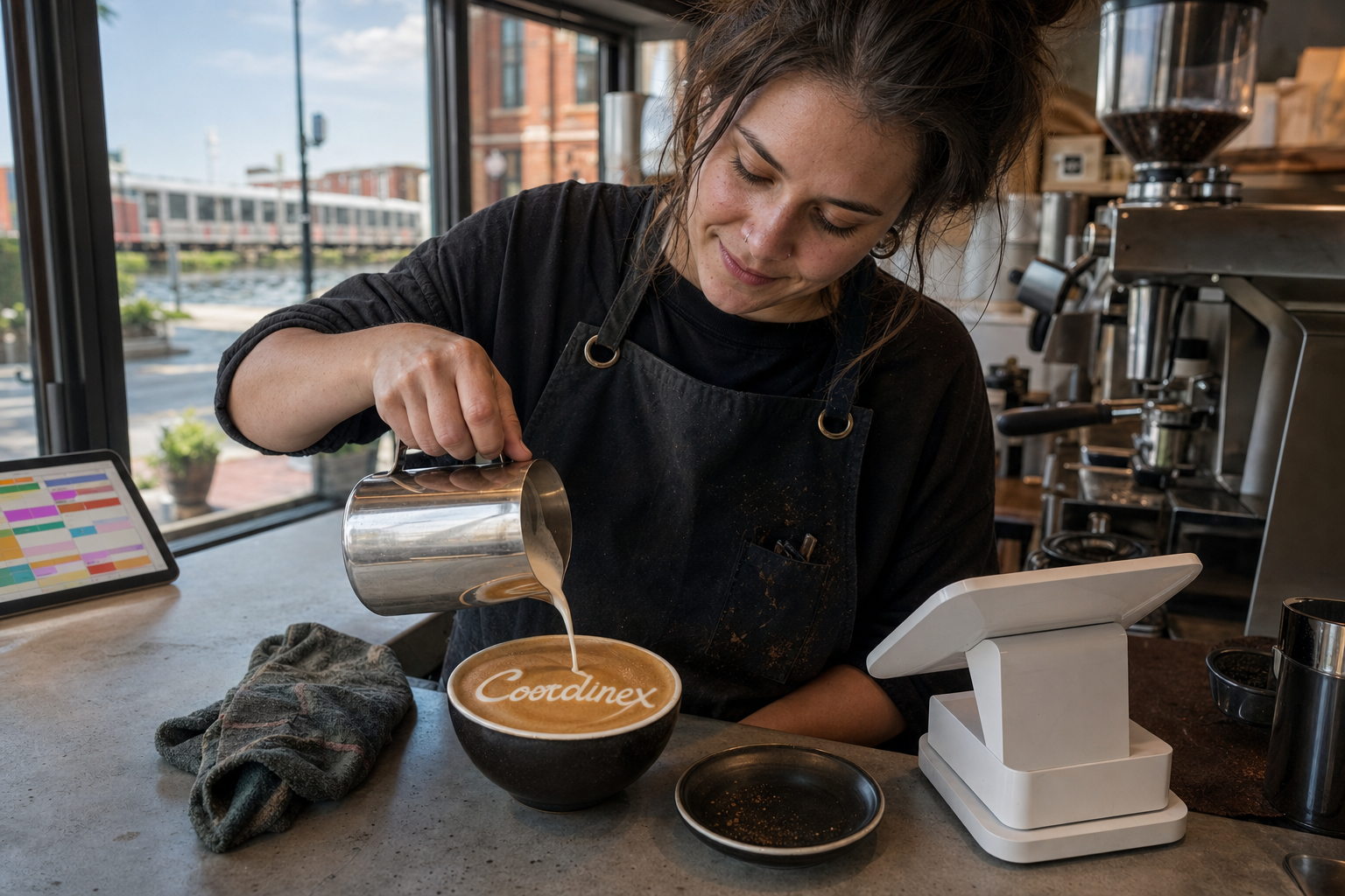 Young adult woman barista pouring milk into latte art spelling Coordinex, with a point-of-sale tablet nearby inside a coffee shop in Hammond, IN.