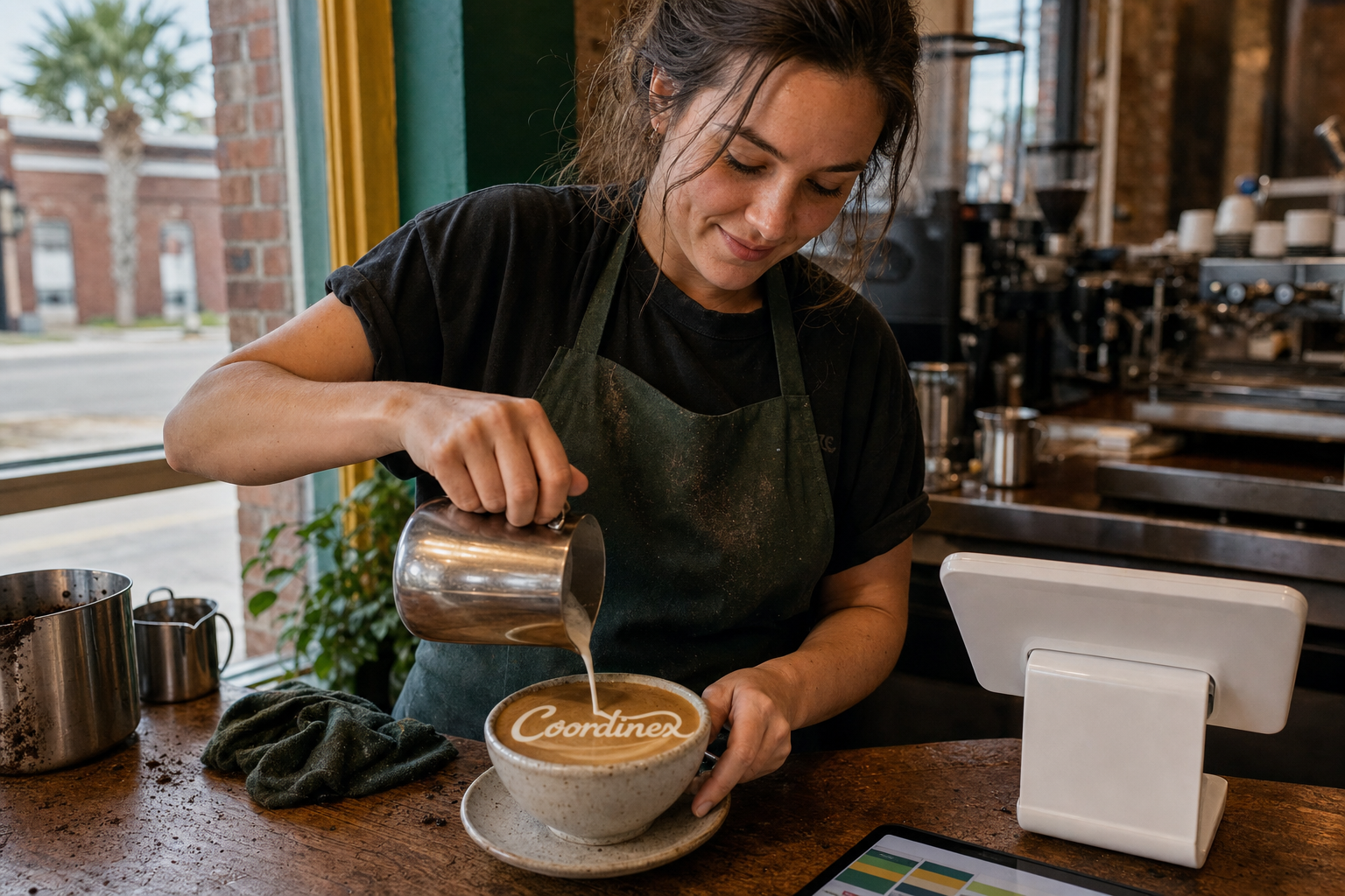 Young adult woman barista pouring milk into latte art spelling Coordinex, with a point-of-sale tablet nearby inside a coffee shop in Hammond, LA.