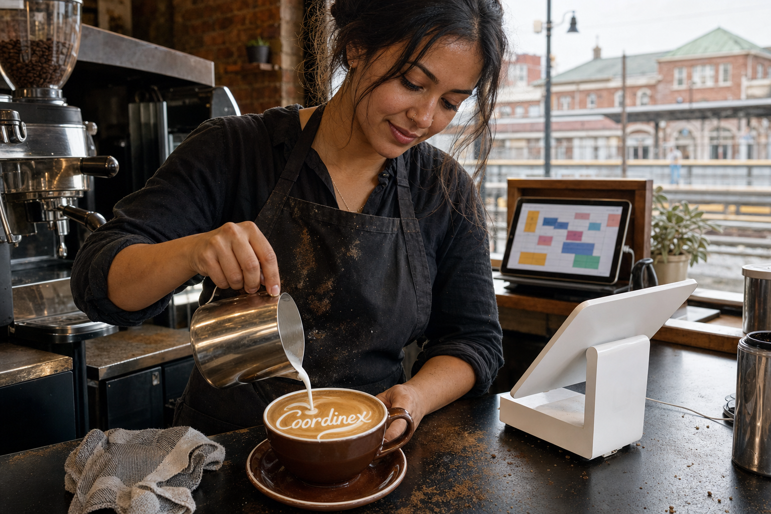 Young adult woman barista pouring milk into latte art spelling Coordinex, with a point-of-sale tablet nearby inside a coffee shop in Hempstead, NY.