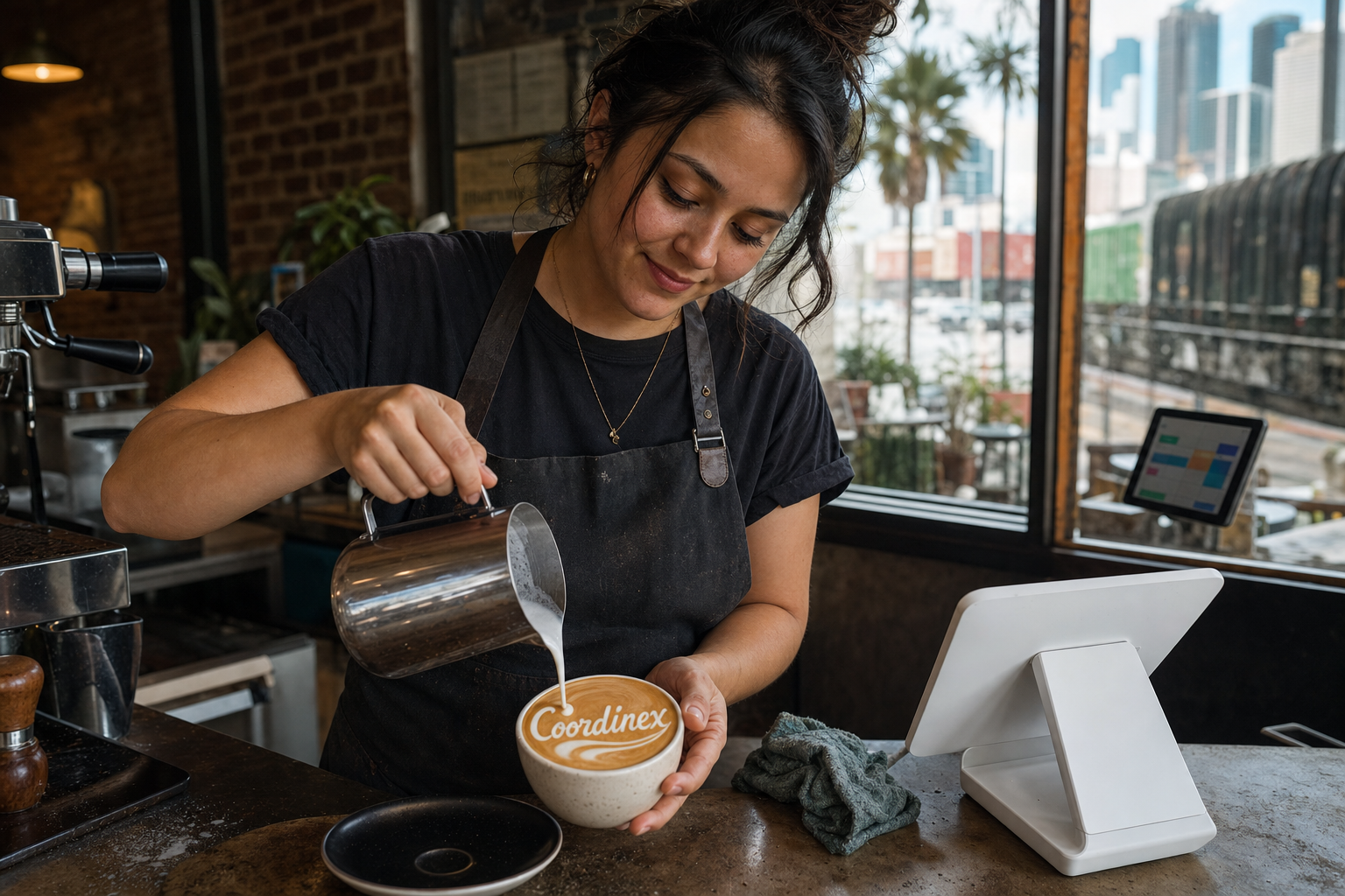 Young adult woman barista pouring milk into latte art spelling Coordinex, with a point-of-sale tablet nearby inside a coffee shop in Houston, TX.