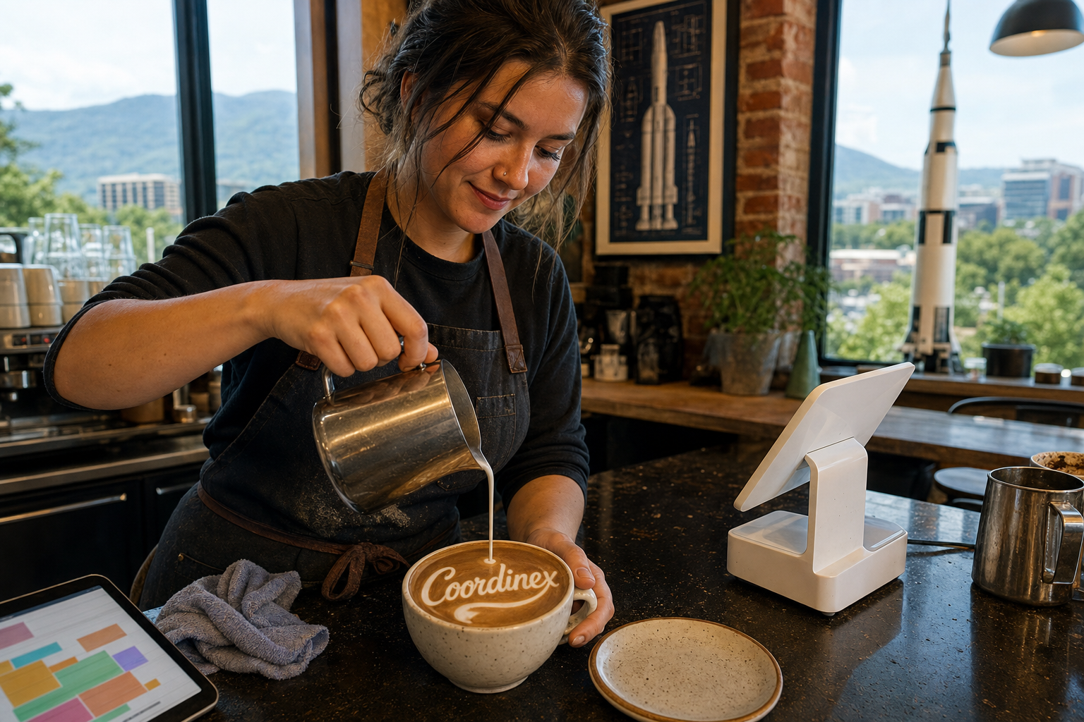 Young adult woman barista pouring milk into latte art spelling Coordinex, with a point-of-sale tablet nearby inside a coffee shop in Huntsville, AL.