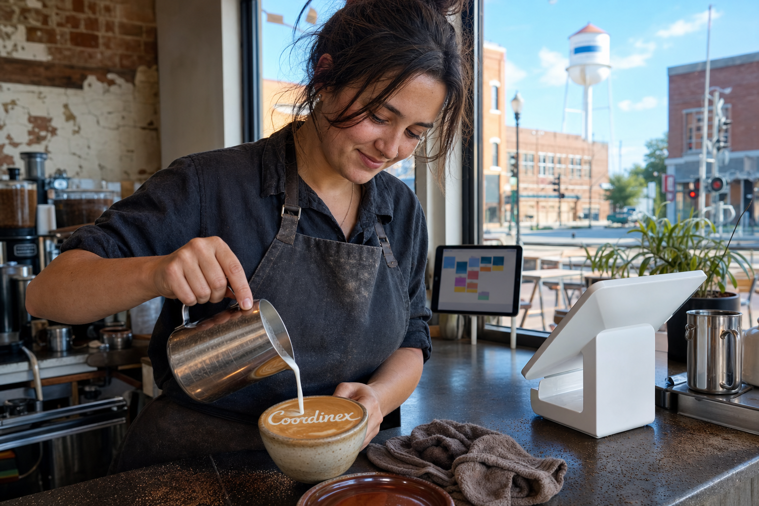 Hutchinson coffee shop near Downtown Hutchinson, Cosmosphere, and Kansas State Fairgrounds with Kansas morning light at the espresso bar.