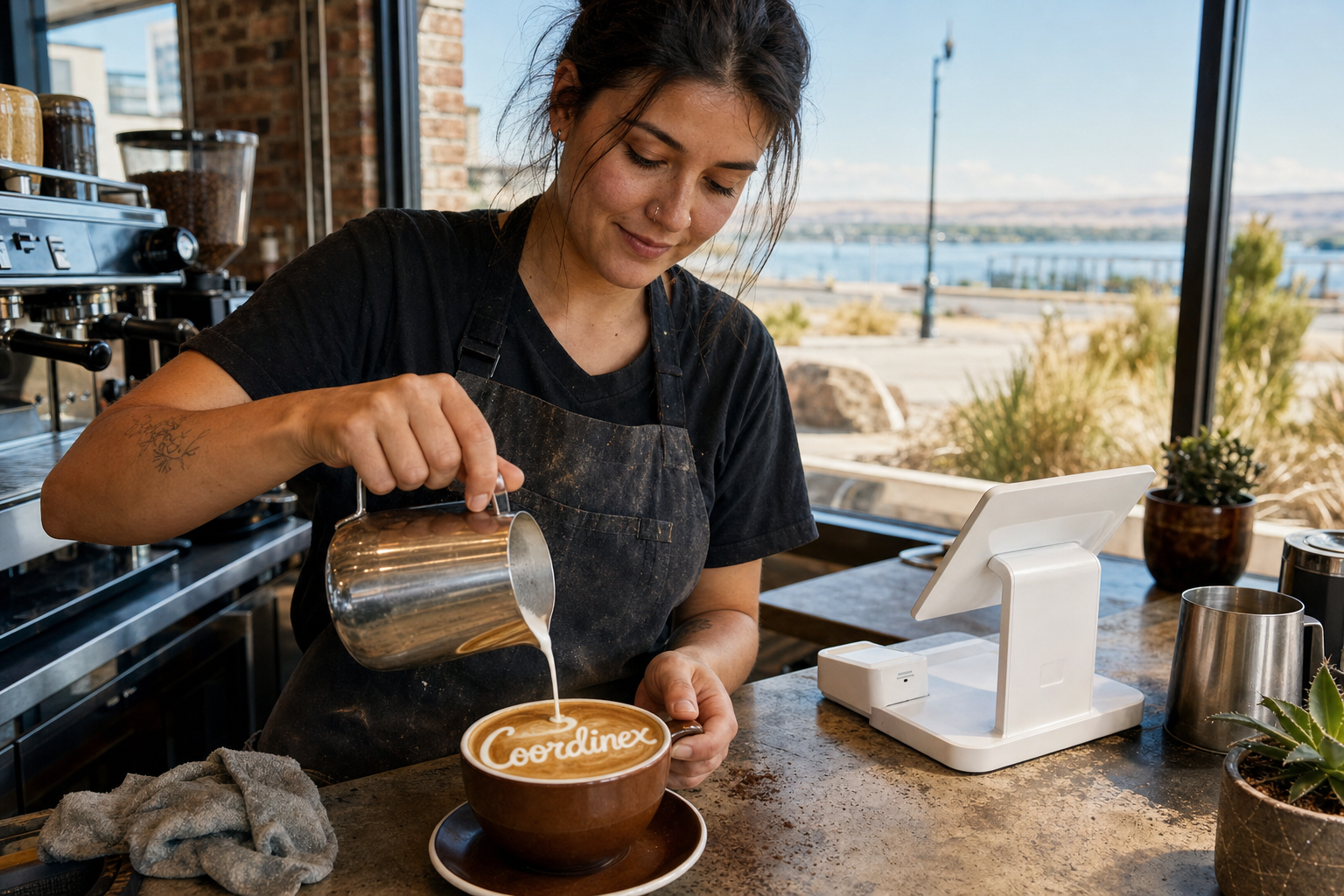 Young adult woman barista pouring milk into latte art spelling Coordinex, with a point-of-sale tablet nearby inside a coffee shop in Kennewick, WA.