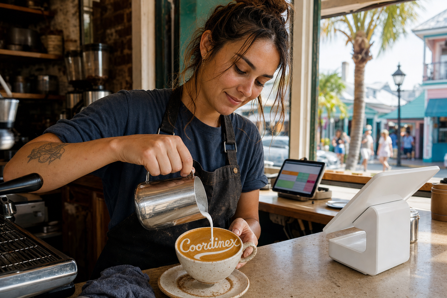Young adult woman barista pouring milk into latte art spelling Coordinex, with a point-of-sale tablet nearby inside a coffee shop in Key West, FL.