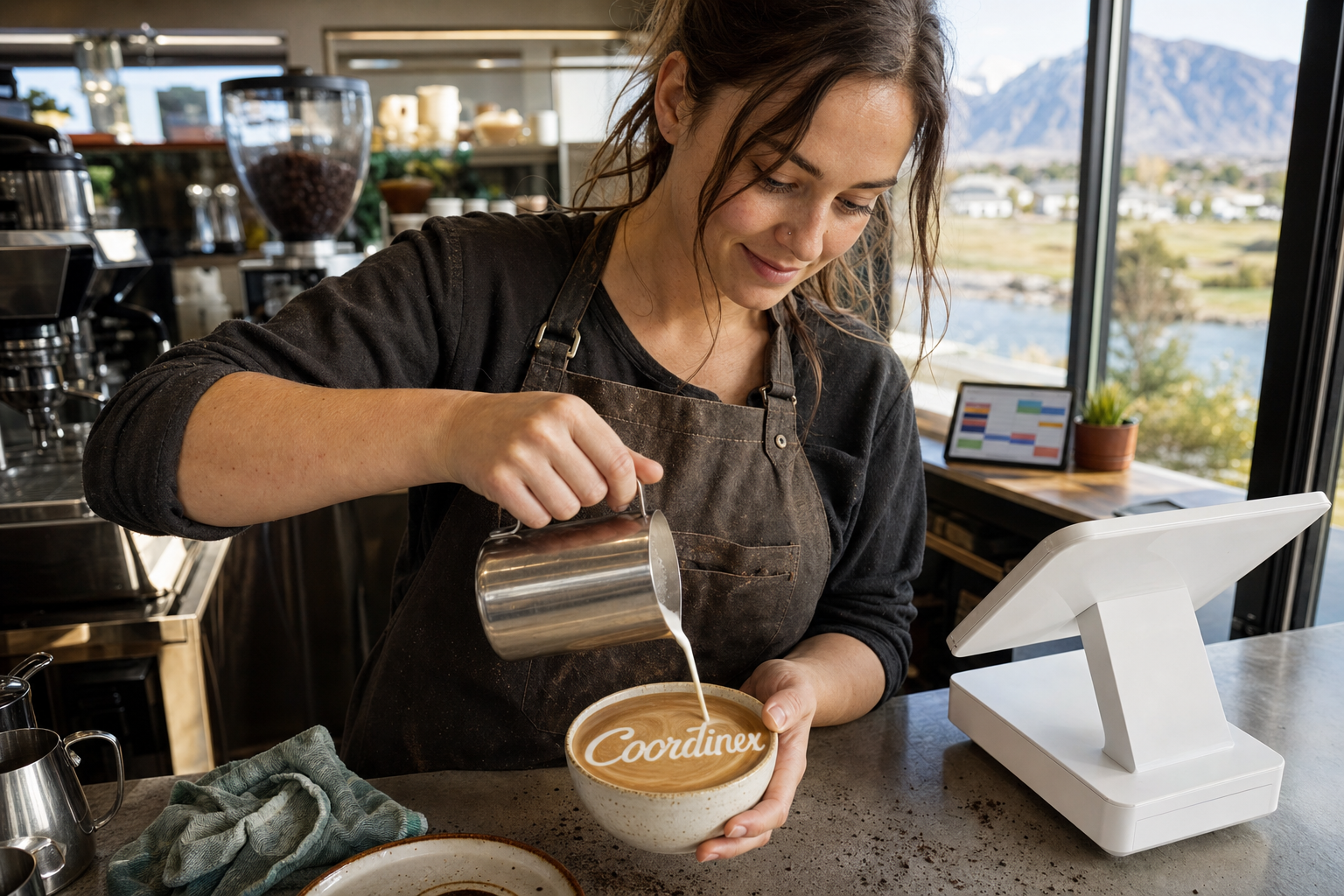 Young adult woman barista pouring milk into latte art spelling Coordinex, with a point-of-sale tablet nearby inside a coffee shop in Lehi, UT.