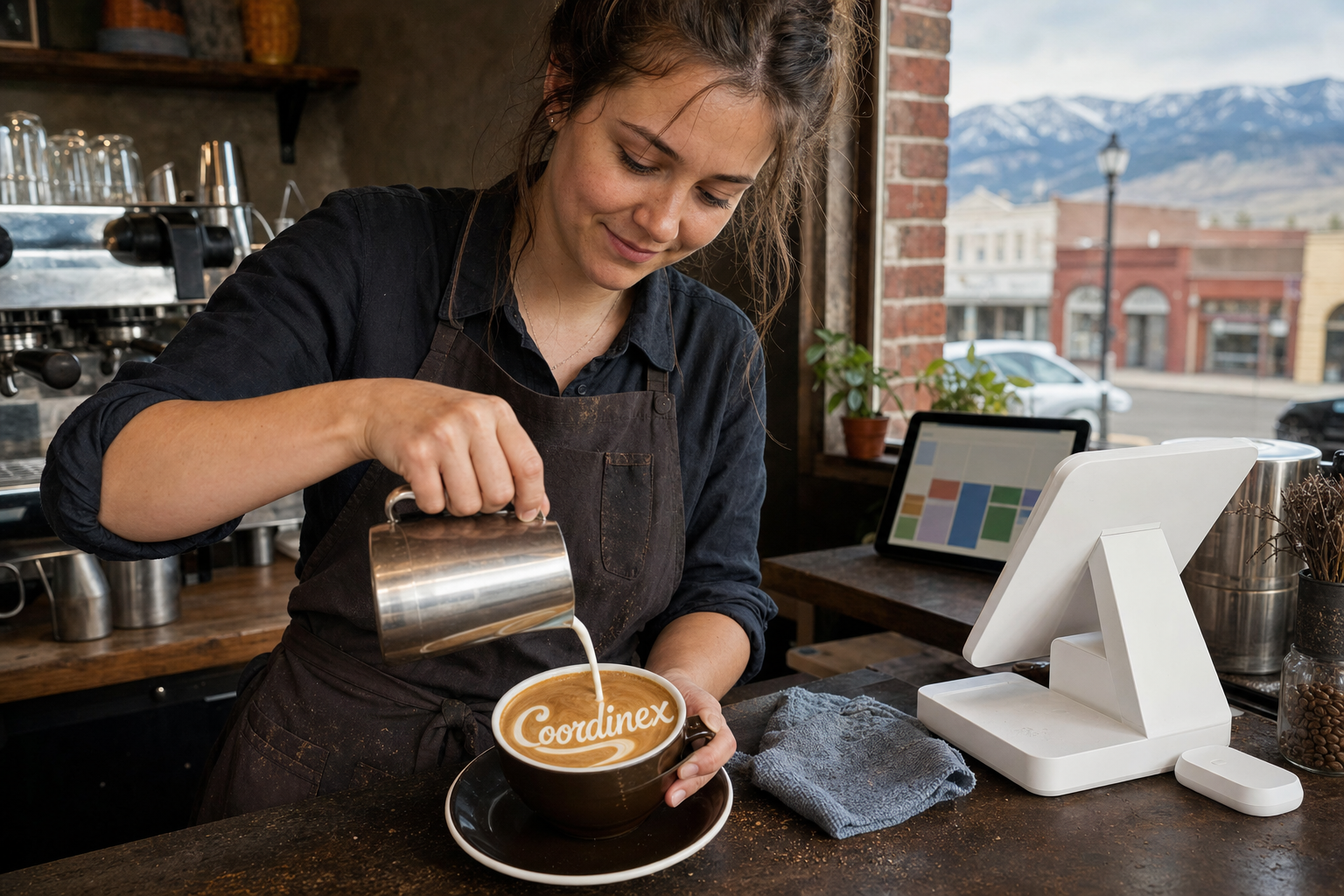 Lewistown coffee shop near Downtown Lewistown, Judith Mountains, and Fergus County Fairgrounds with Montana morning light at the espresso bar.