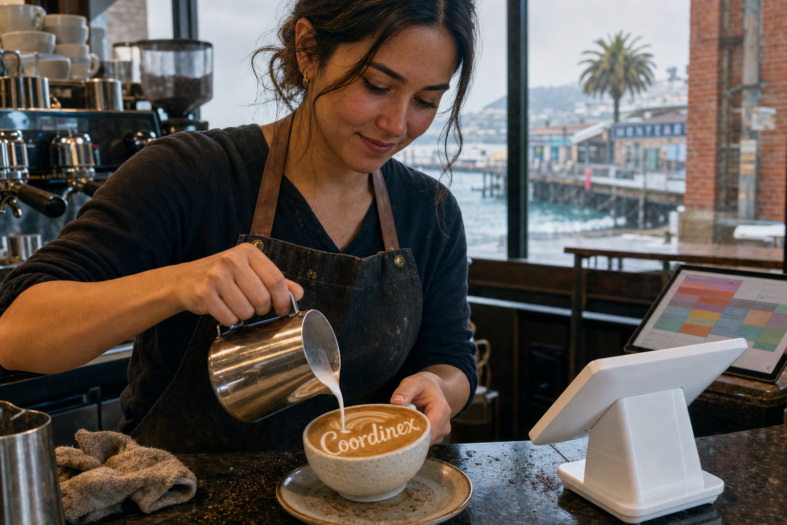 Young adult woman barista pouring milk into latte art spelling Coordinex, with a point-of-sale tablet nearby inside a coffee shop in Monterey, CA.