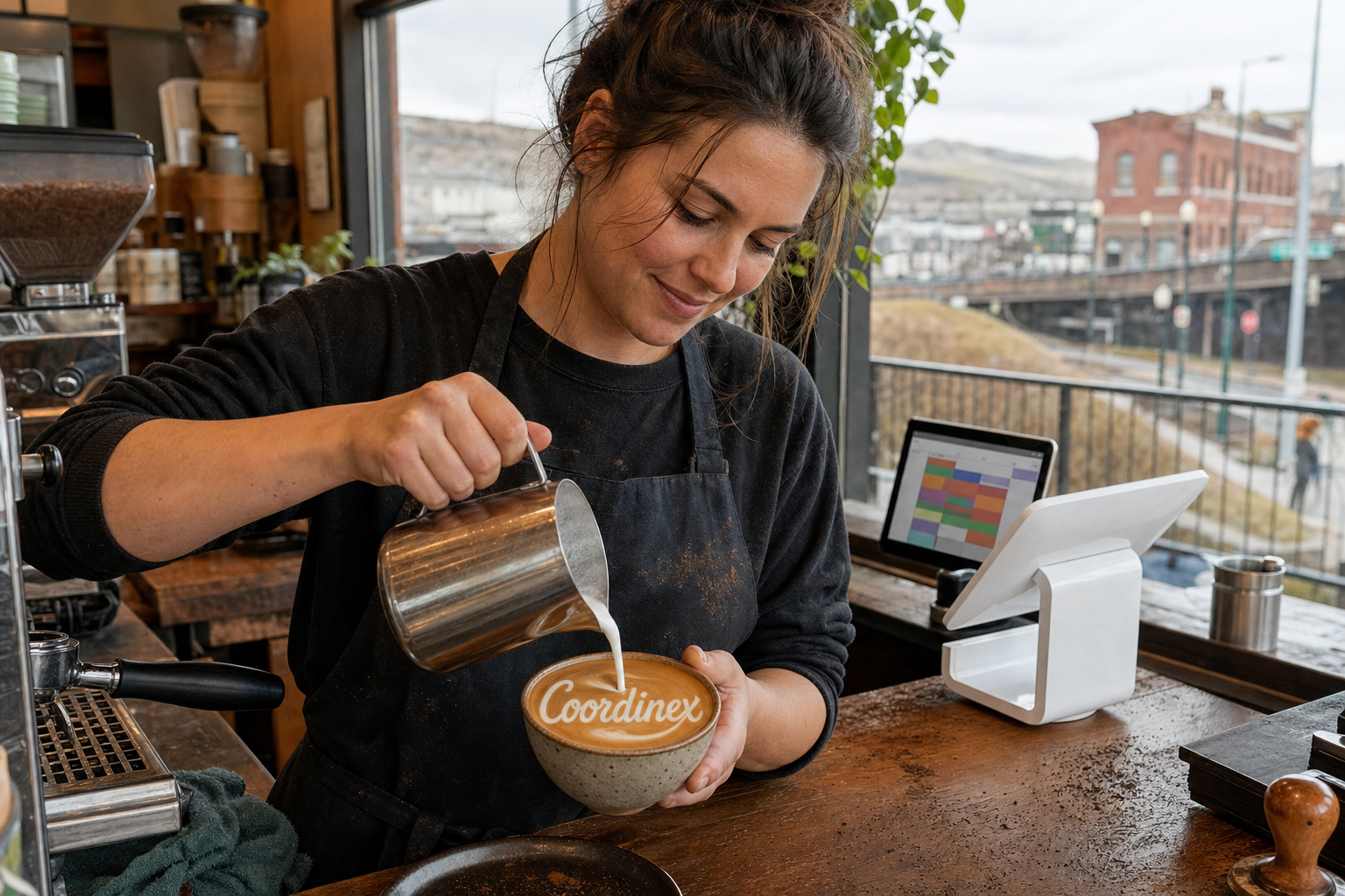 Young adult woman barista pouring milk into latte art spelling Coordinex, with a point-of-sale tablet nearby inside a coffee shop in Moscow, ID.
