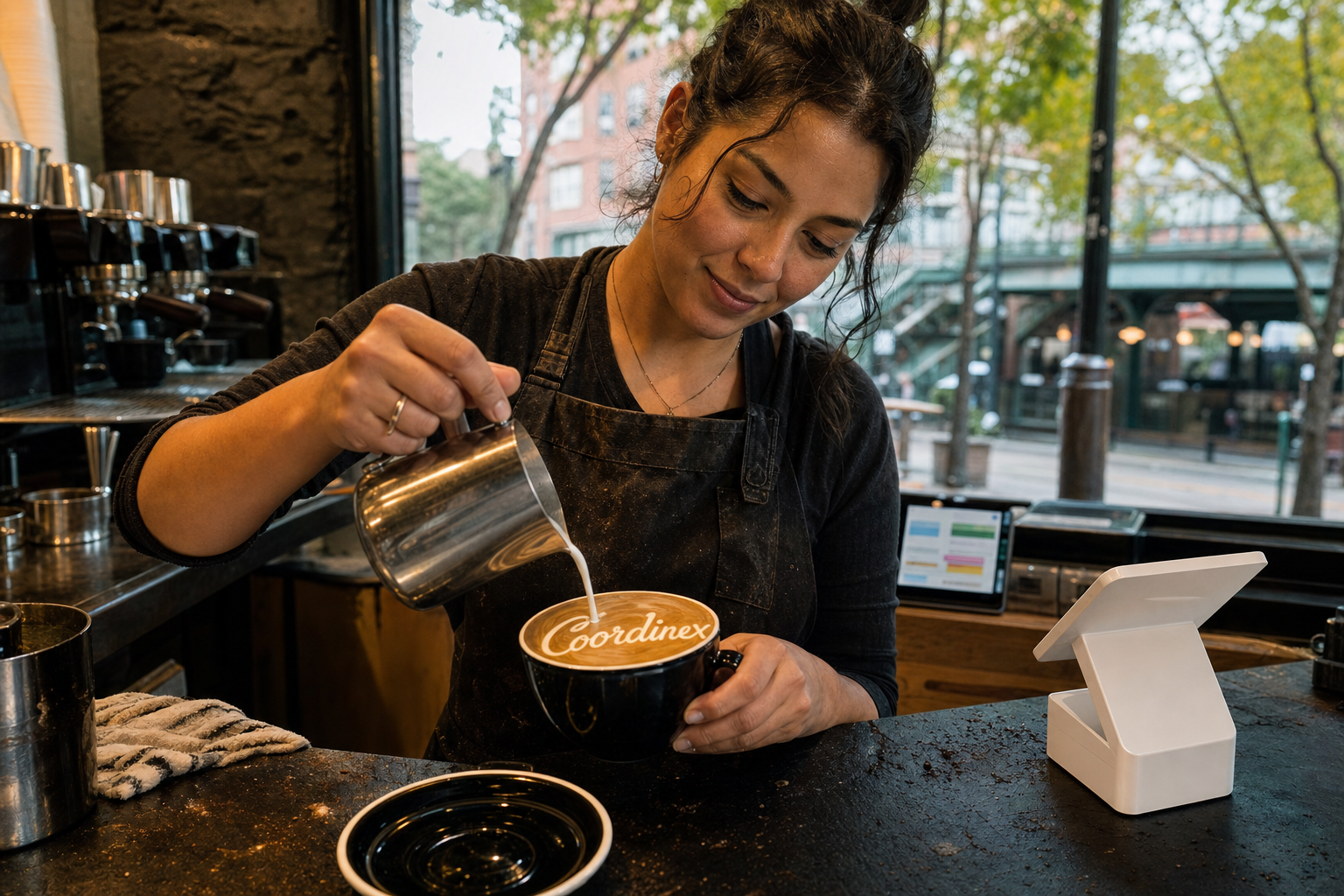 Young adult woman barista pouring milk into latte art spelling Coordinex, with a point-of-sale tablet nearby inside a coffee shop in Mount Vernon, NY.