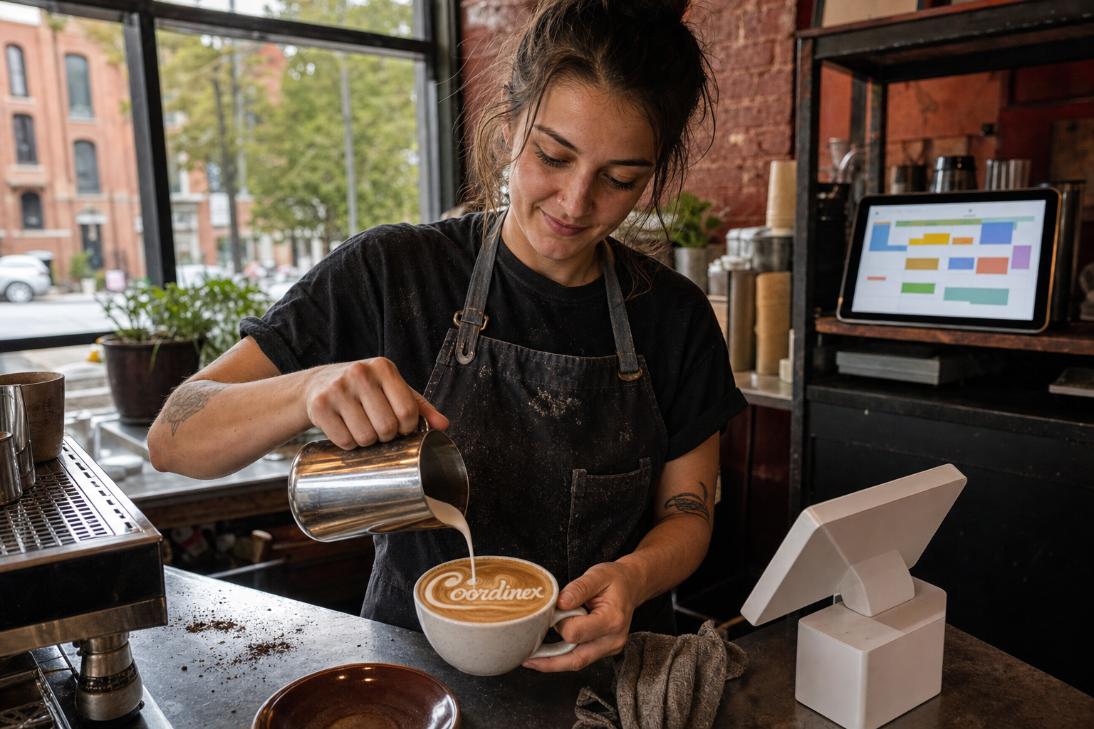 Young adult woman barista pouring milk into latte art spelling Coordinex, with a point-of-sale tablet nearby inside a coffee shop in Muncie, IN.