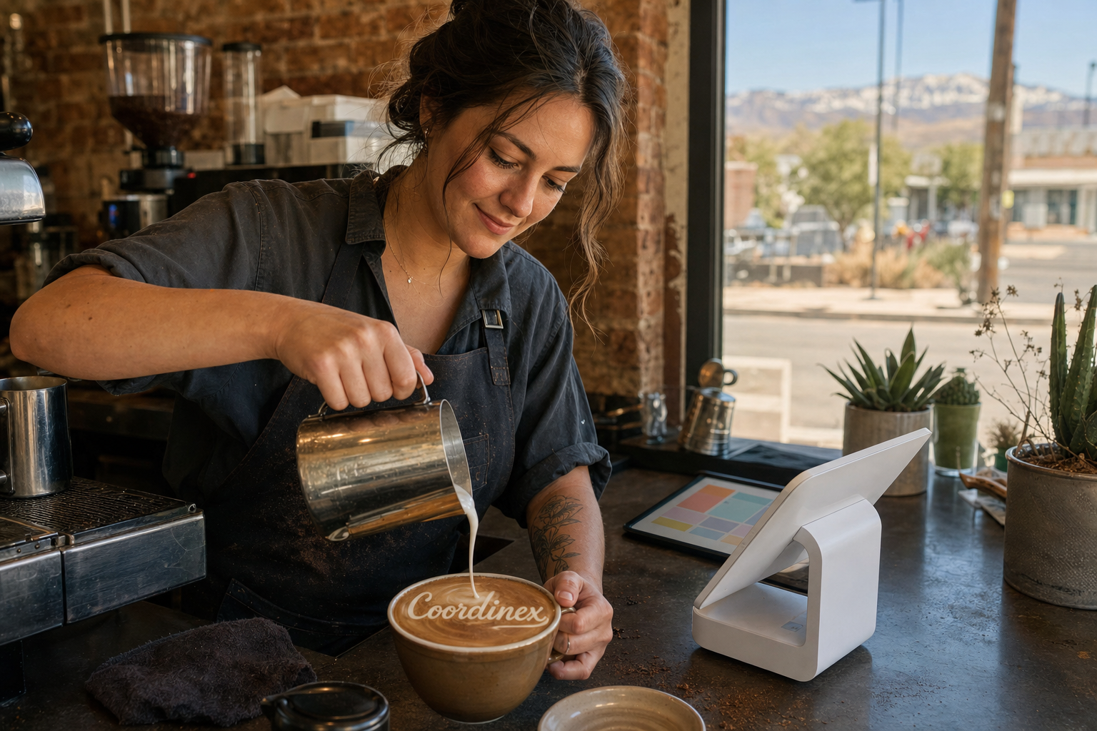 Young adult woman barista pouring milk into latte art spelling Coordinex, with a point-of-sale tablet nearby inside a coffee shop in Nampa, ID.
