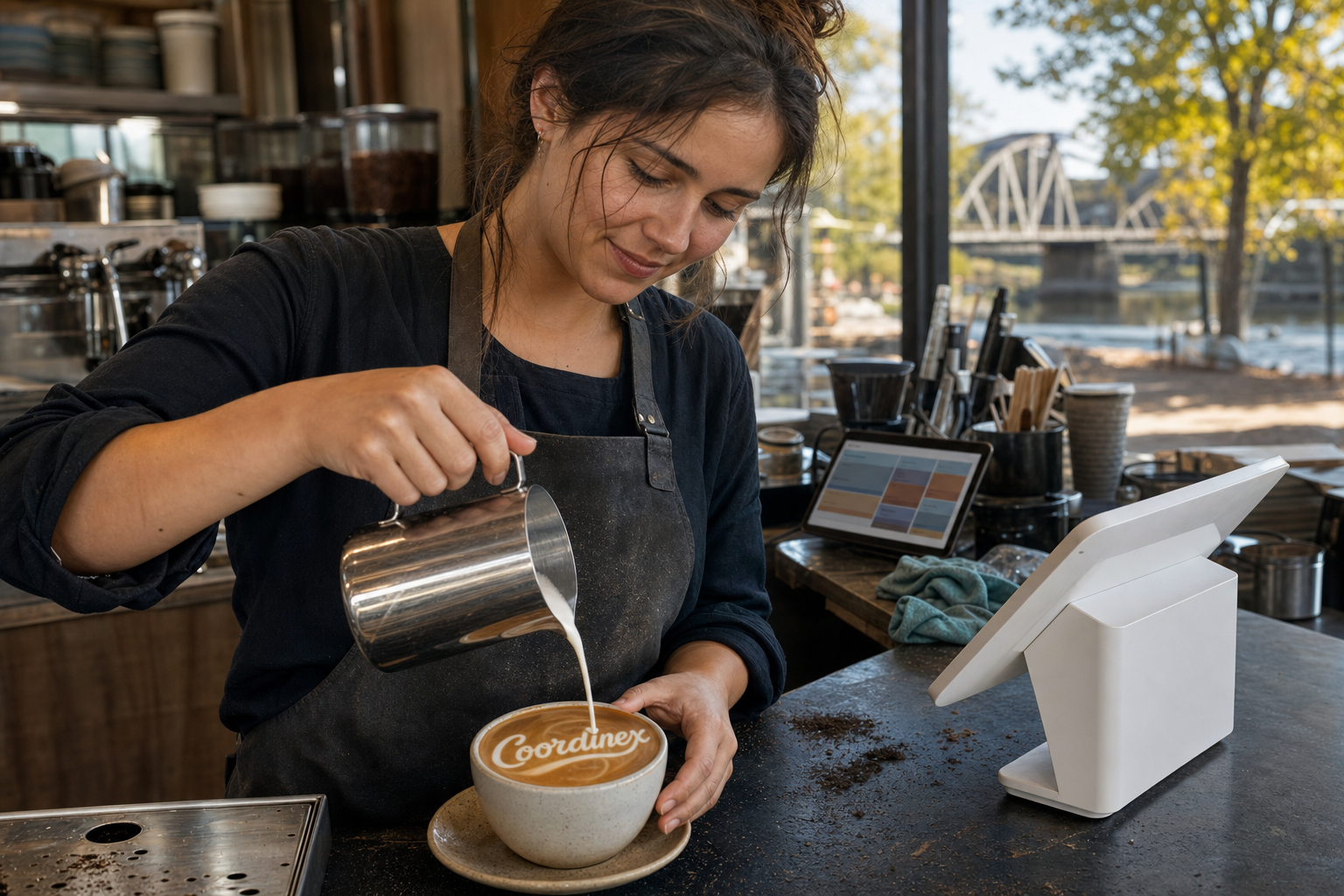 Young adult woman barista pouring milk into latte art spelling Coordinex, with a point-of-sale tablet nearby inside a coffee shop in Napa, CA.