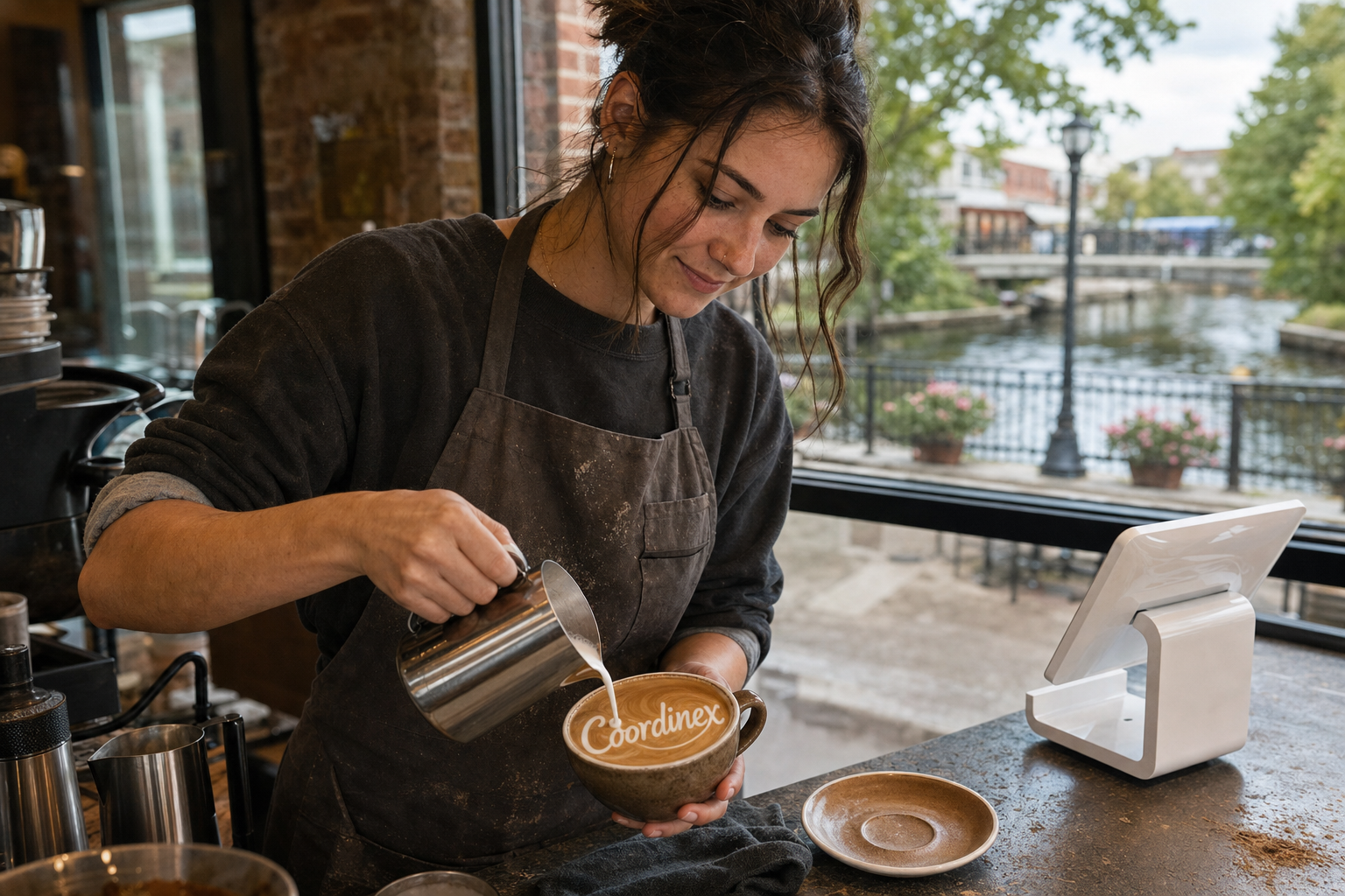 Young adult woman barista pouring milk into latte art spelling Coordinex, with a point-of-sale tablet nearby inside a coffee shop in Naperville, IL.