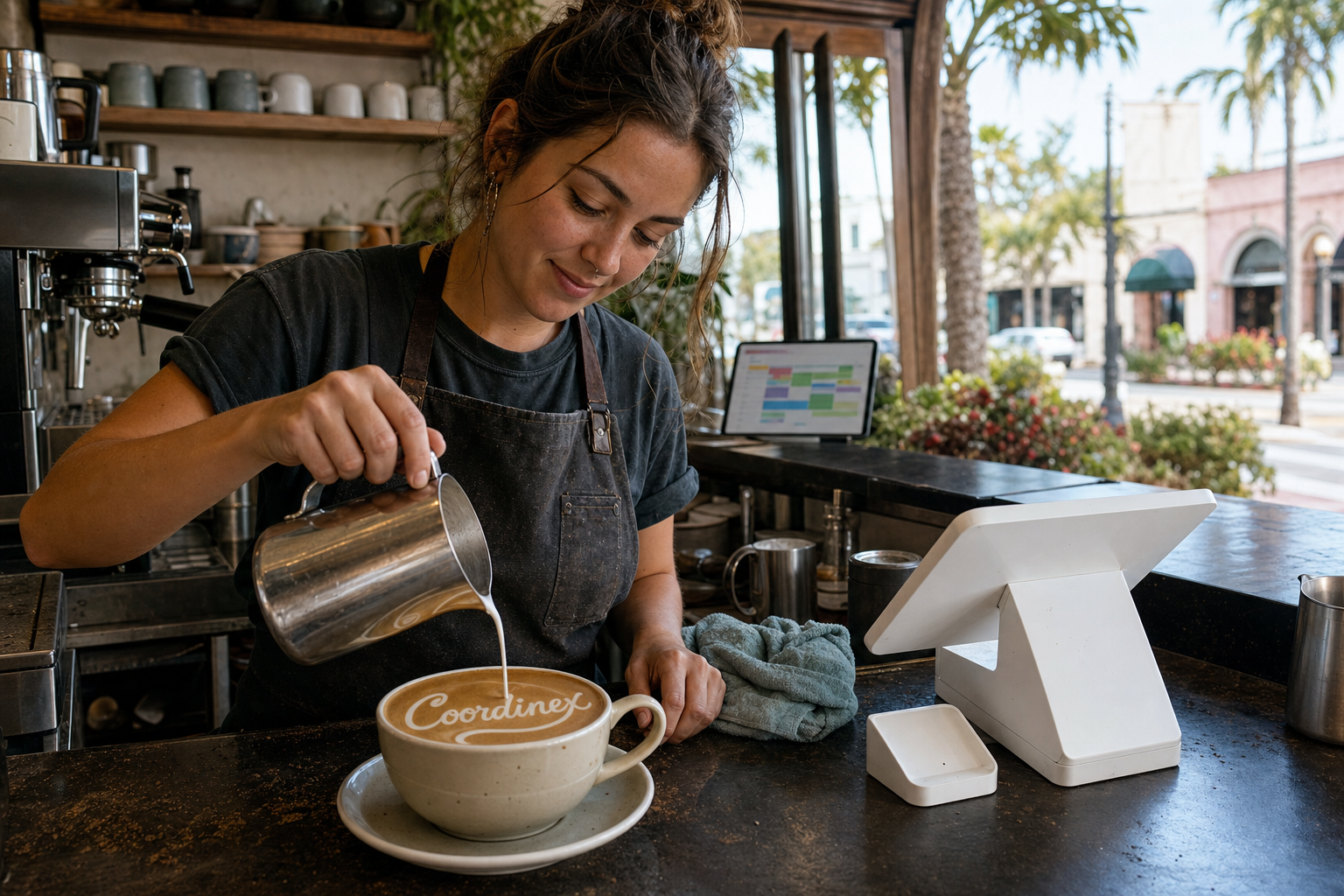 Young adult woman barista pouring milk into latte art spelling Coordinex, with a point-of-sale tablet nearby inside a coffee shop in Naples, FL.