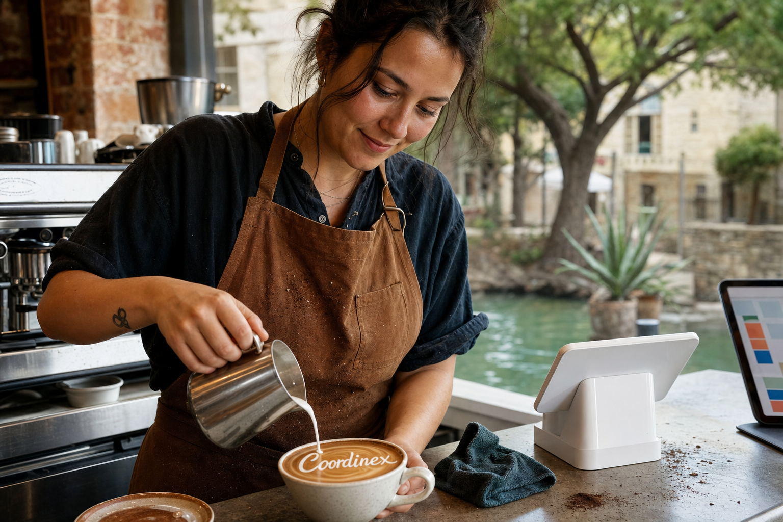 Young adult woman barista pouring milk into latte art spelling Coordinex, with a point-of-sale tablet nearby inside a coffee shop in New Braunfels, TX.