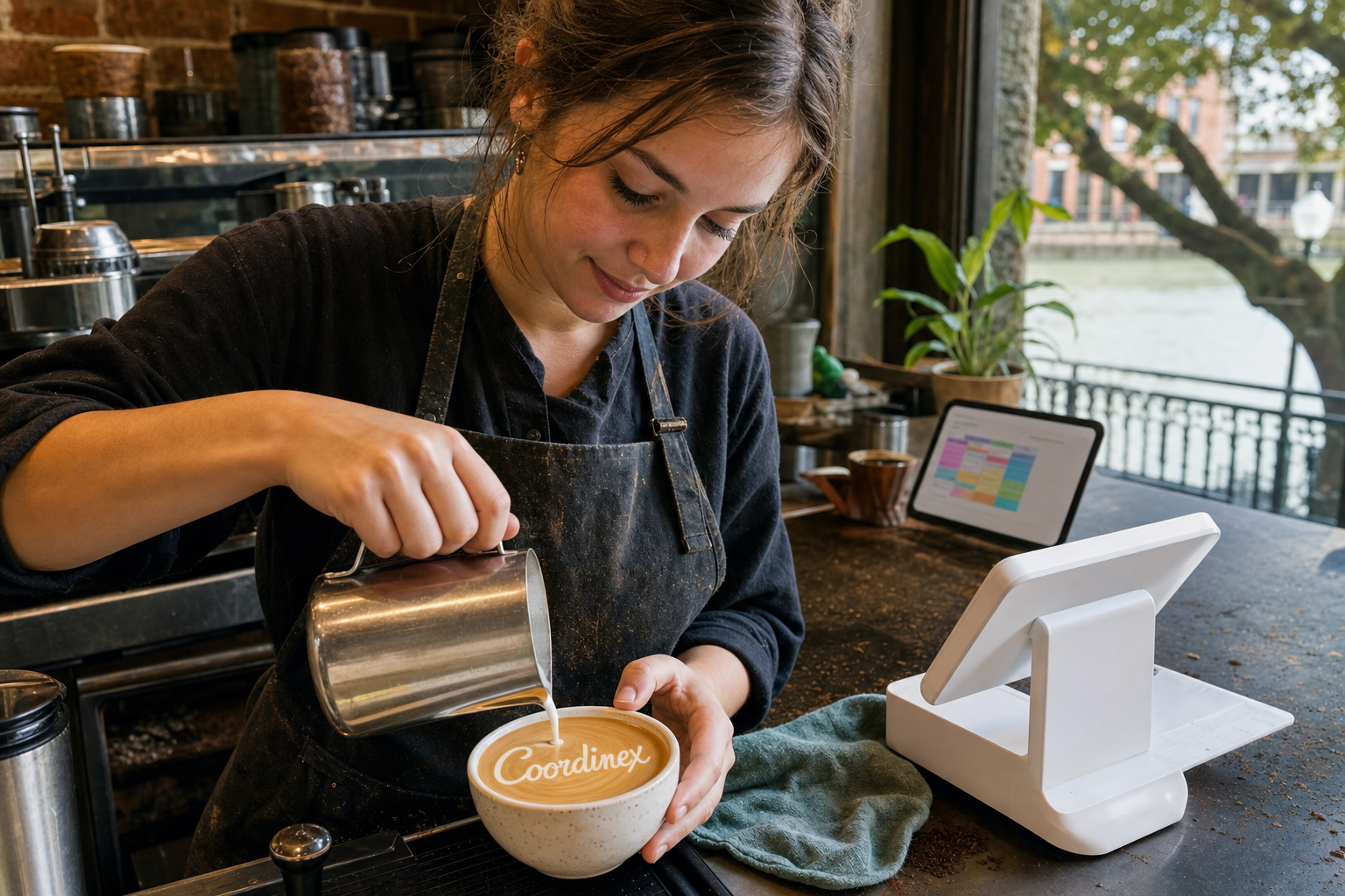 Young adult woman barista pouring milk into latte art spelling Coordinex, with a point-of-sale tablet nearby inside a coffee shop in New Iberia, LA.
