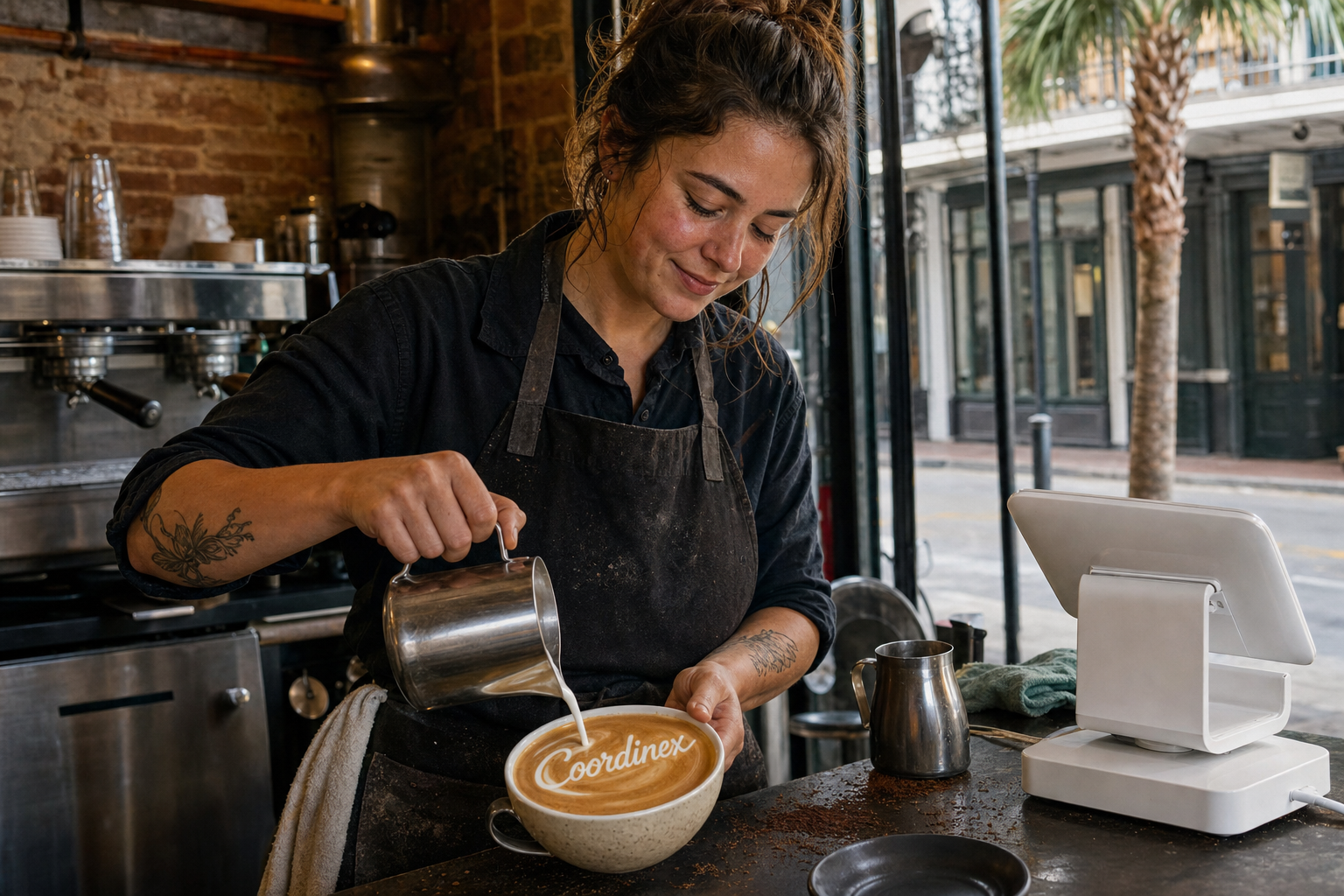 Young adult woman barista pouring milk into latte art spelling Coordinex, with a point-of-sale tablet nearby inside a coffee shop in New Orleans, LA.