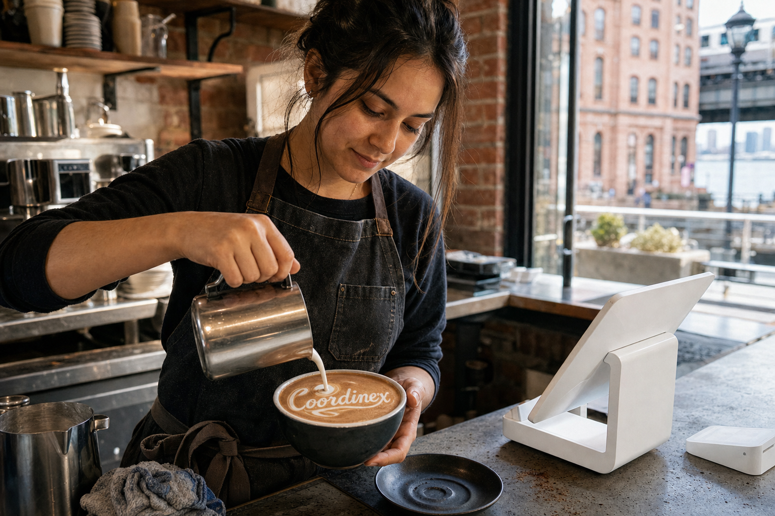Young adult woman barista pouring milk into latte art spelling Coordinex, with a point-of-sale tablet nearby inside a coffee shop in New Rochelle, NY.