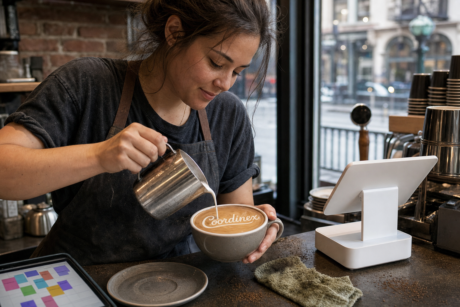 Young adult woman barista pouring milk into latte art spelling Coordinex, with a point-of-sale tablet nearby inside a coffee shop in New York, NY.