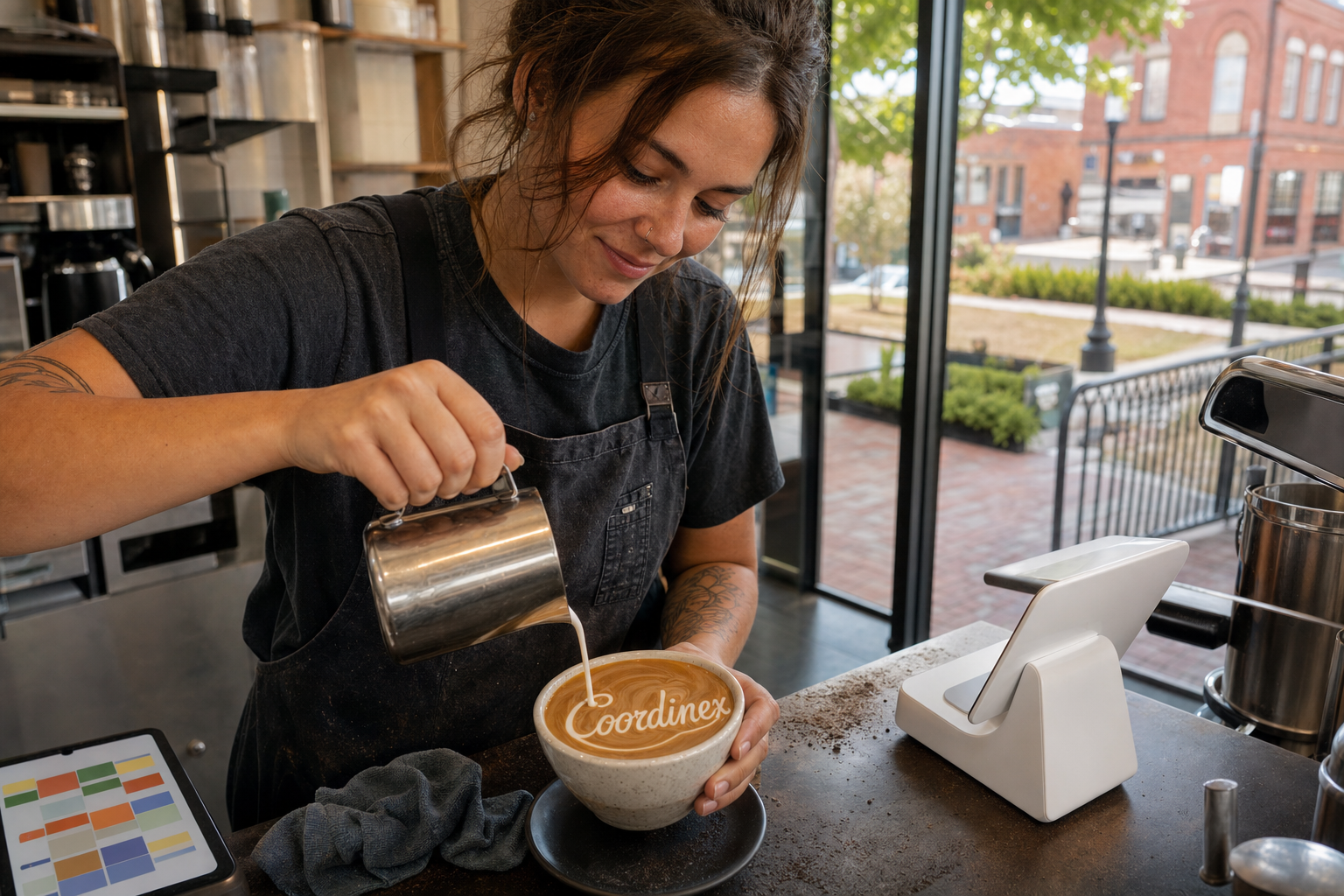 Young adult woman barista pouring milk into latte art spelling Coordinex, with a point-of-sale tablet nearby inside a coffee shop in Newnan, GA.
