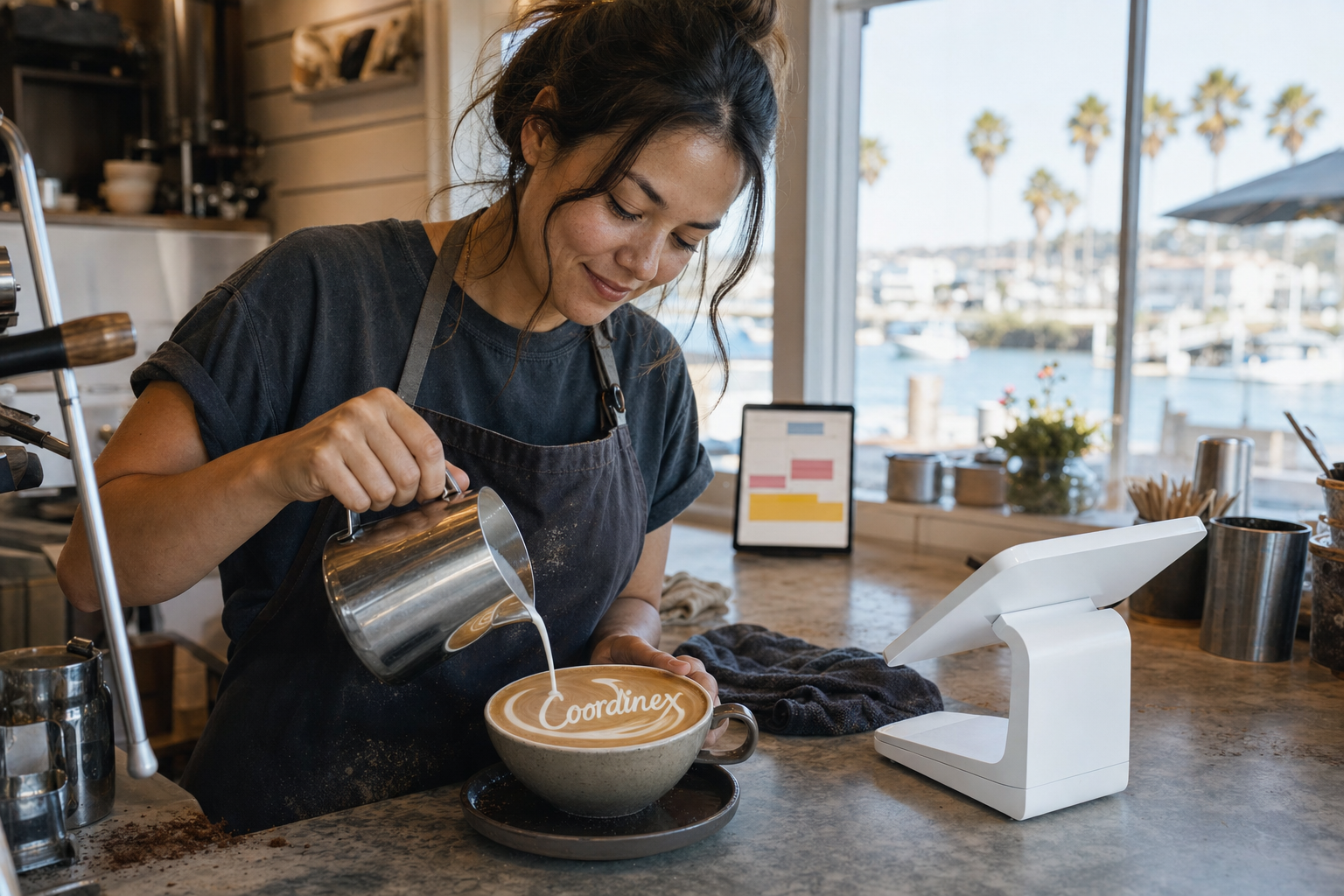 Young adult woman barista pouring milk into latte art spelling Coordinex, with a point-of-sale tablet nearby inside a coffee shop in Newport Beach, CA.