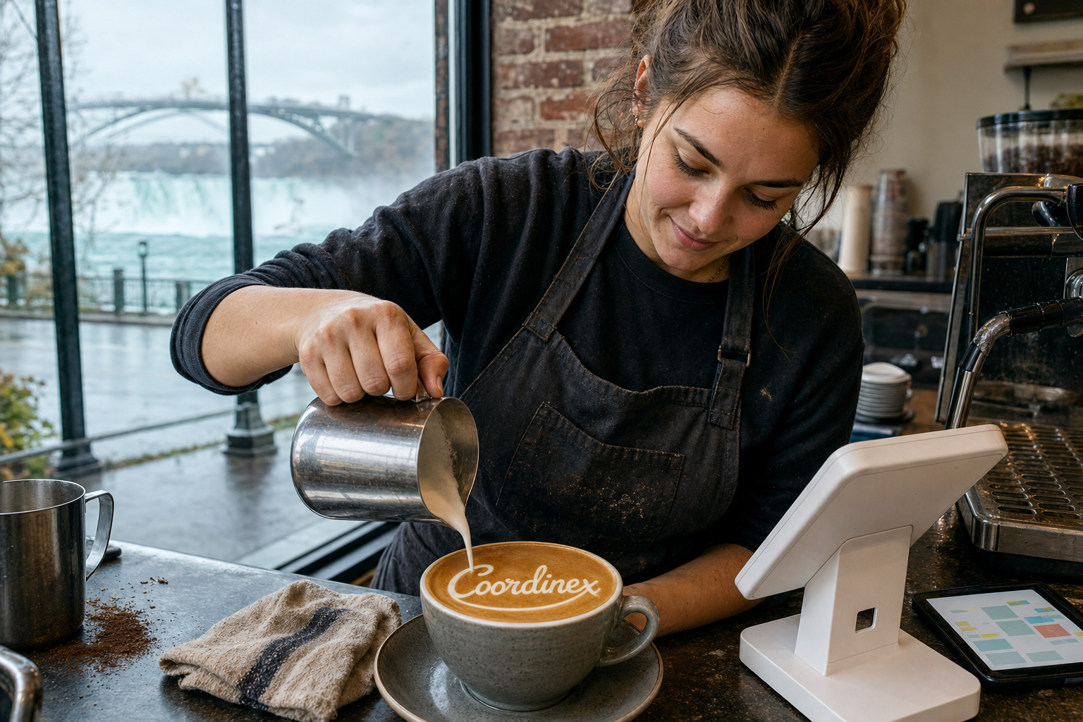 Young adult woman barista pouring milk into latte art spelling Coordinex, with a point-of-sale tablet nearby inside a coffee shop in Niagara Falls, NY.