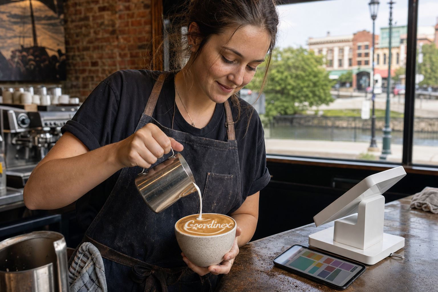 Young adult woman barista pouring milk into latte art spelling Coordinex, with a point-of-sale tablet nearby inside a coffee shop in Noblesville, IN.