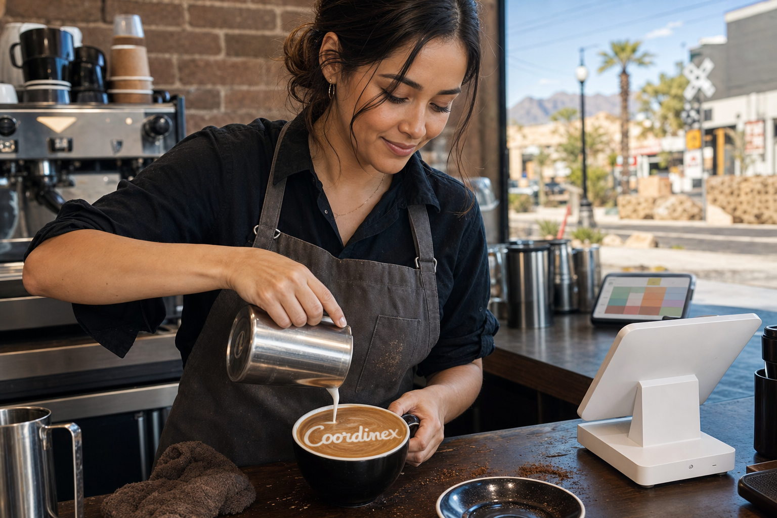 Young adult woman barista pouring milk into latte art spelling Coordinex, with a point-of-sale tablet nearby inside a coffee shop in North Las Vegas, NV.