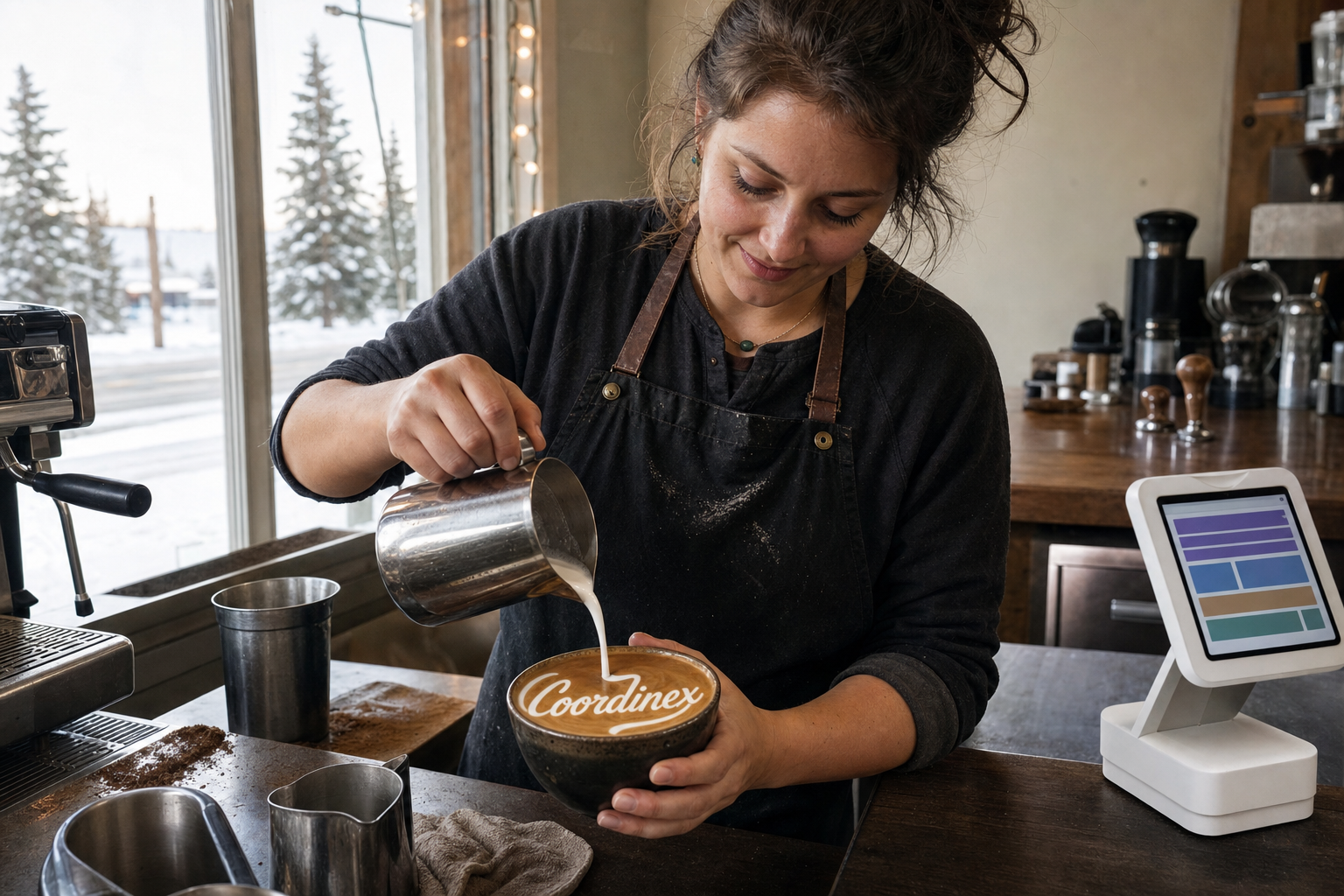 Young adult woman barista pouring milk into latte art spelling Coordinex, with a point-of-sale tablet nearby inside a coffee shop in North Pole, AK.