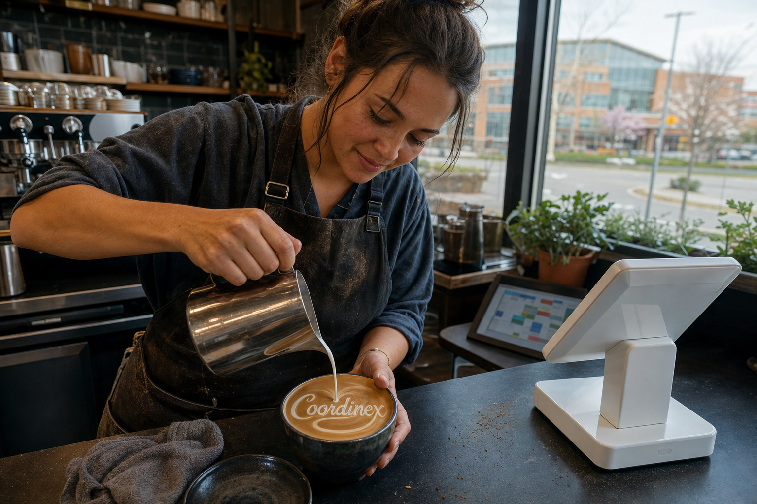 Young adult woman barista pouring milk into latte art spelling Coordinex, with a point-of-sale tablet nearby inside a coffee shop in Novi, MI.
