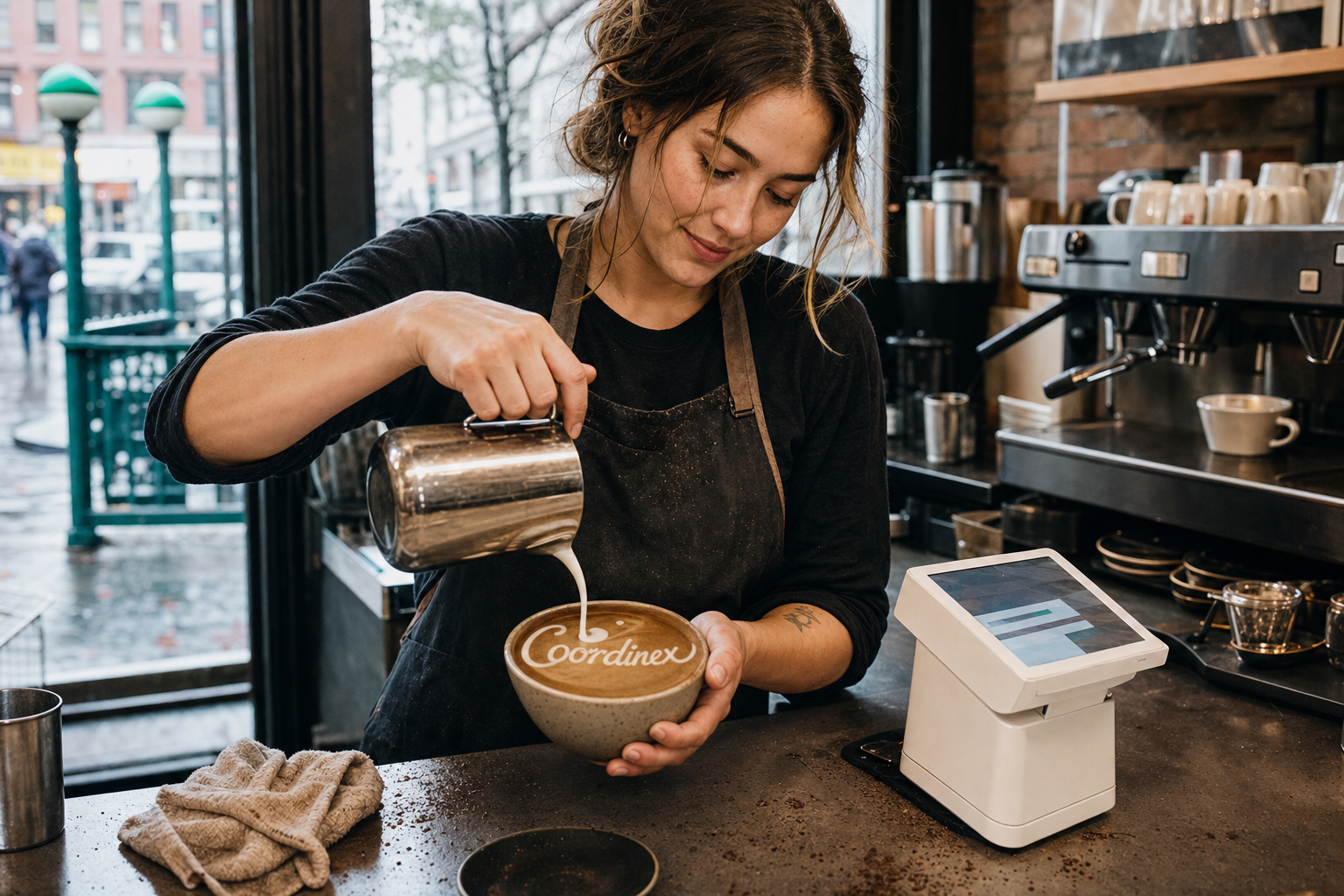 Young adult woman barista pouring milk into latte art spelling Coordinex, with a point-of-sale tablet nearby inside a coffee shop in New York, NY.