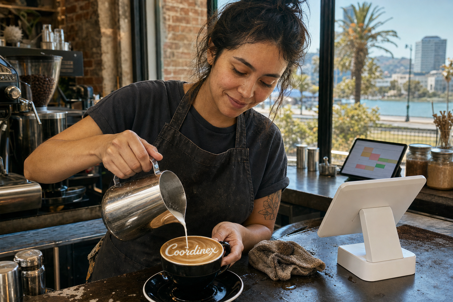 Young adult woman barista pouring milk into latte art spelling Coordinex, with a point-of-sale tablet nearby inside a coffee shop in Oakland, CA.