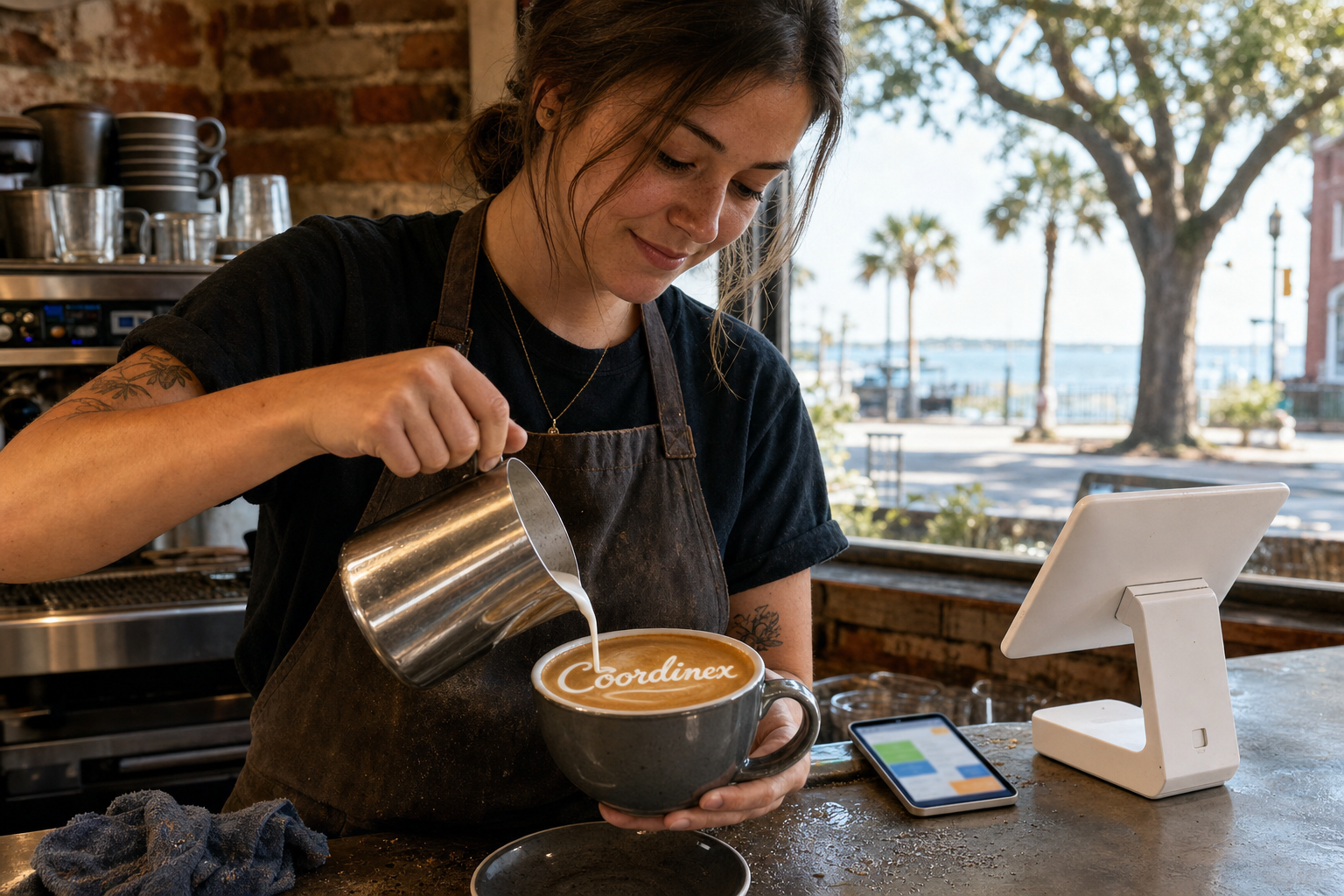 Young adult woman barista pouring milk into latte art spelling Coordinex, with a point-of-sale tablet nearby inside a coffee shop in Ocean Springs, MS.