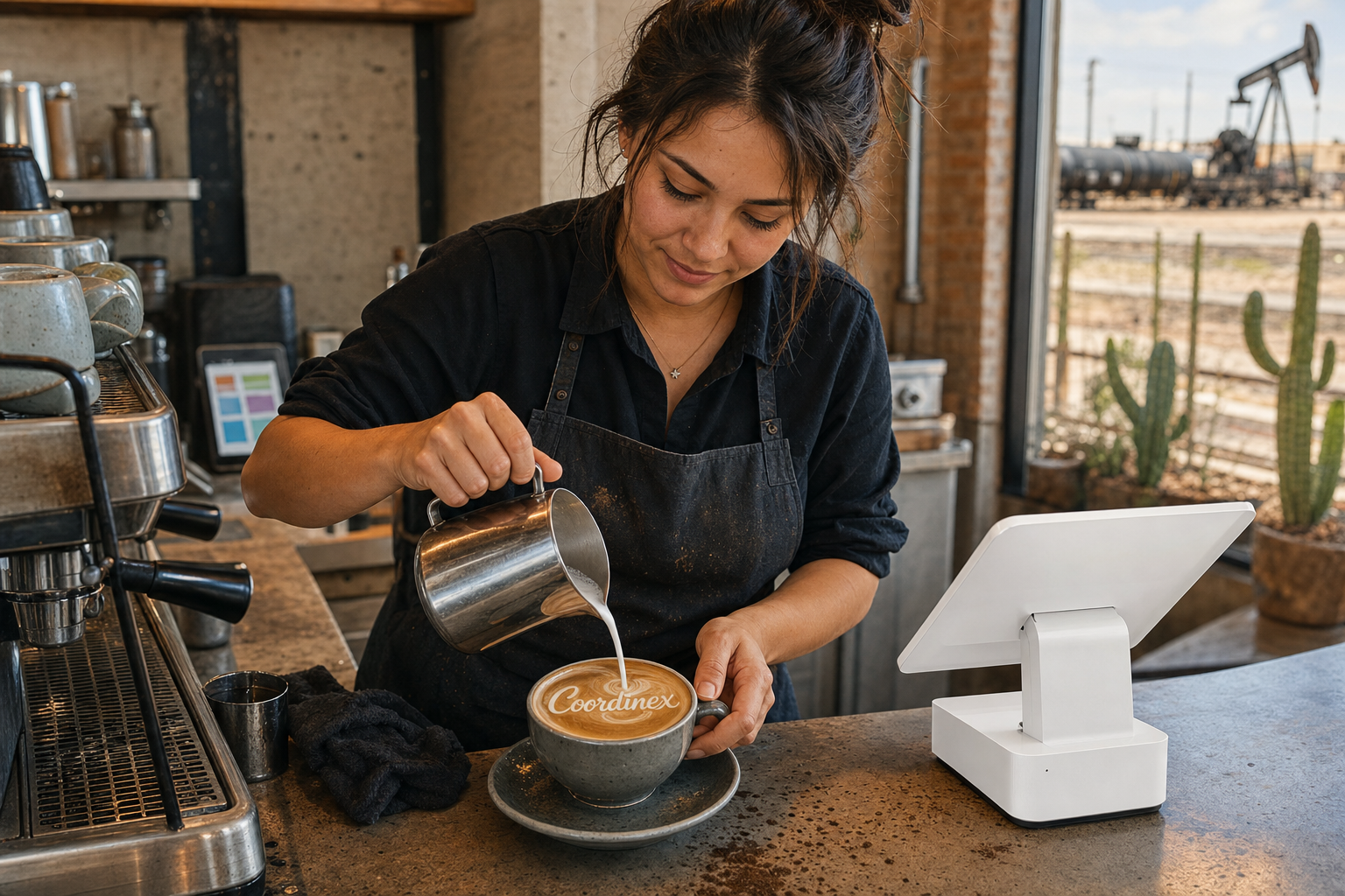 Young adult woman barista pouring milk into latte art spelling Coordinex, with a point-of-sale tablet nearby inside a coffee shop in Odessa, TX.