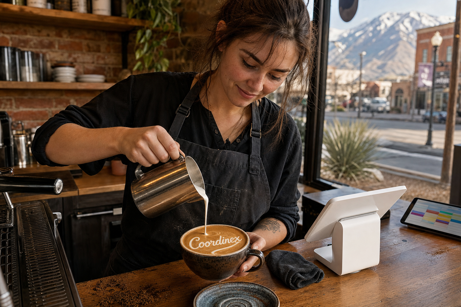 Young adult woman barista pouring milk into latte art spelling Coordinex, with a point-of-sale tablet nearby inside a coffee shop in Ogden, UT.