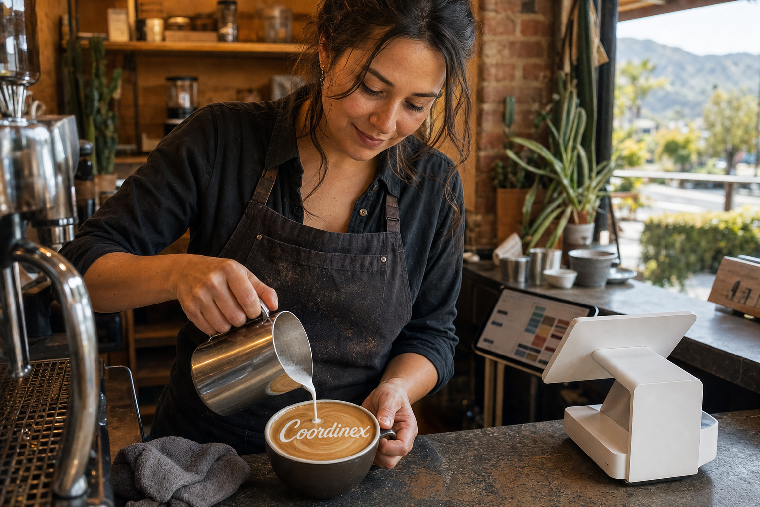 Young adult woman barista pouring milk into latte art spelling Coordinex, with a point-of-sale tablet nearby inside a coffee shop in Ojai, CA.