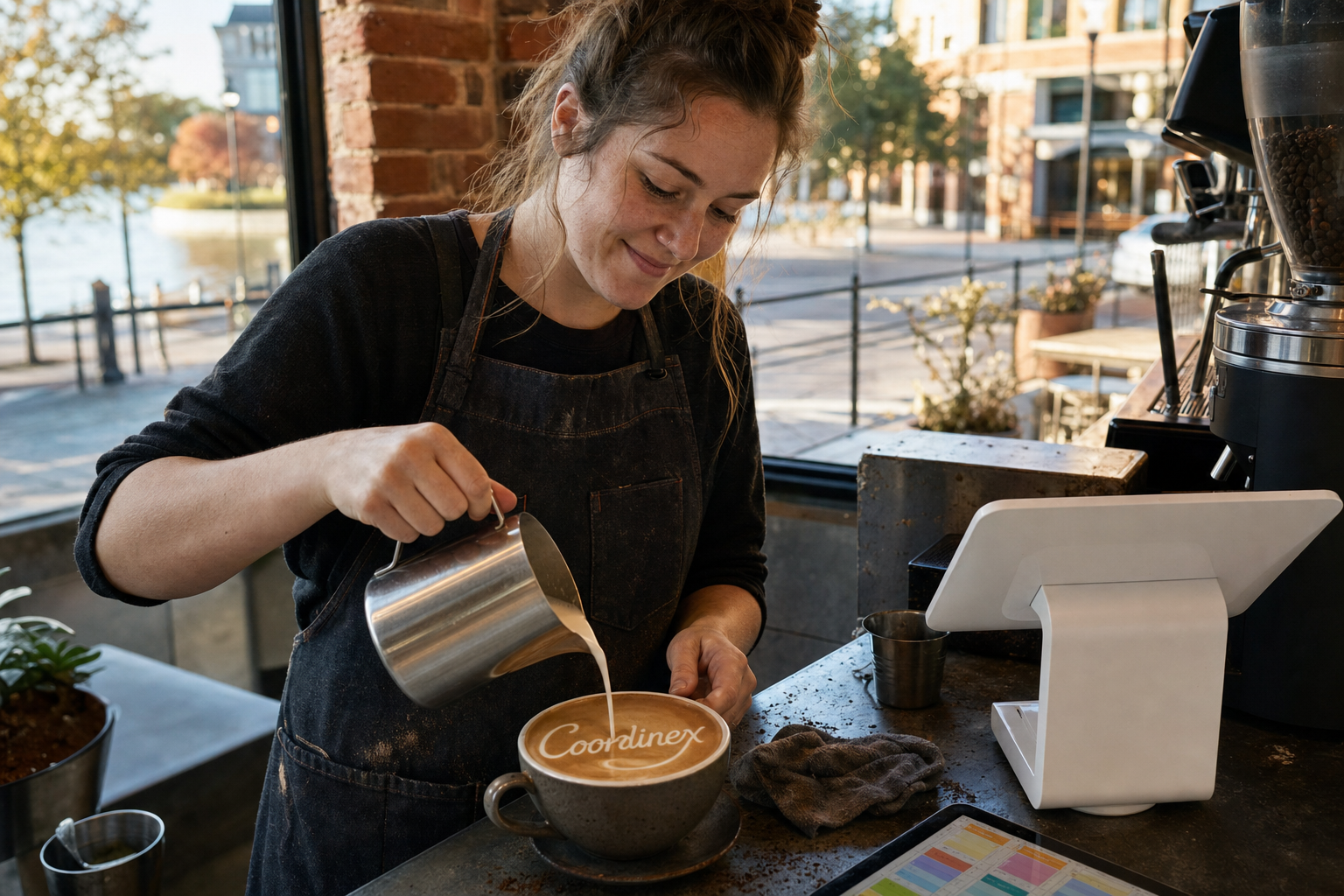 Young adult woman barista pouring milk into latte art spelling Coordinex, with a point-of-sale tablet nearby inside a coffee shop in Olathe, KS.