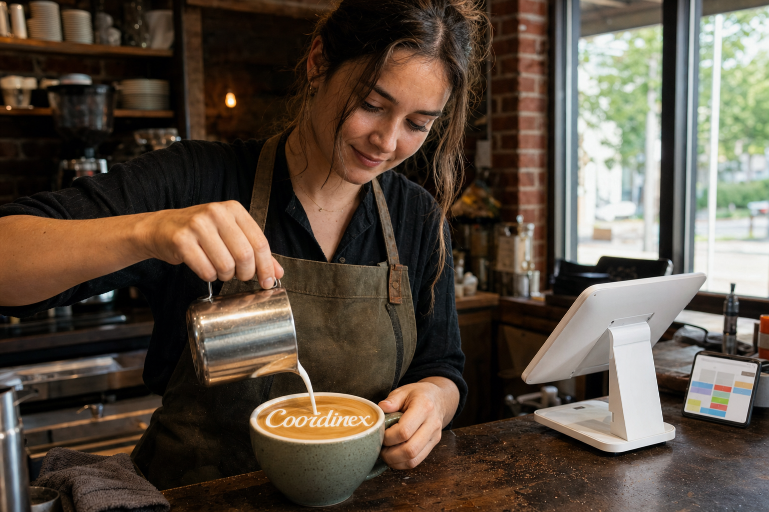 Young adult woman barista pouring milk into latte art spelling Coordinex, with a point-of-sale tablet nearby inside a coffee shop in Olive Branch, MS.