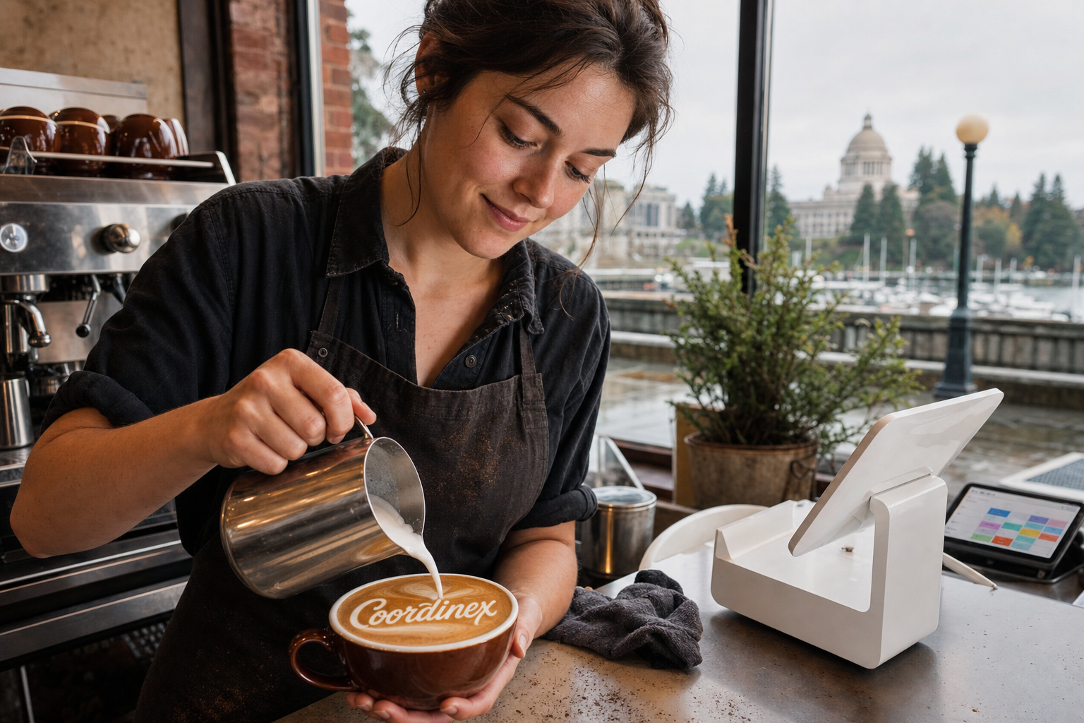 Young adult woman barista pouring milk into latte art spelling Coordinex, with a point-of-sale tablet nearby inside a coffee shop in Olympia, WA.