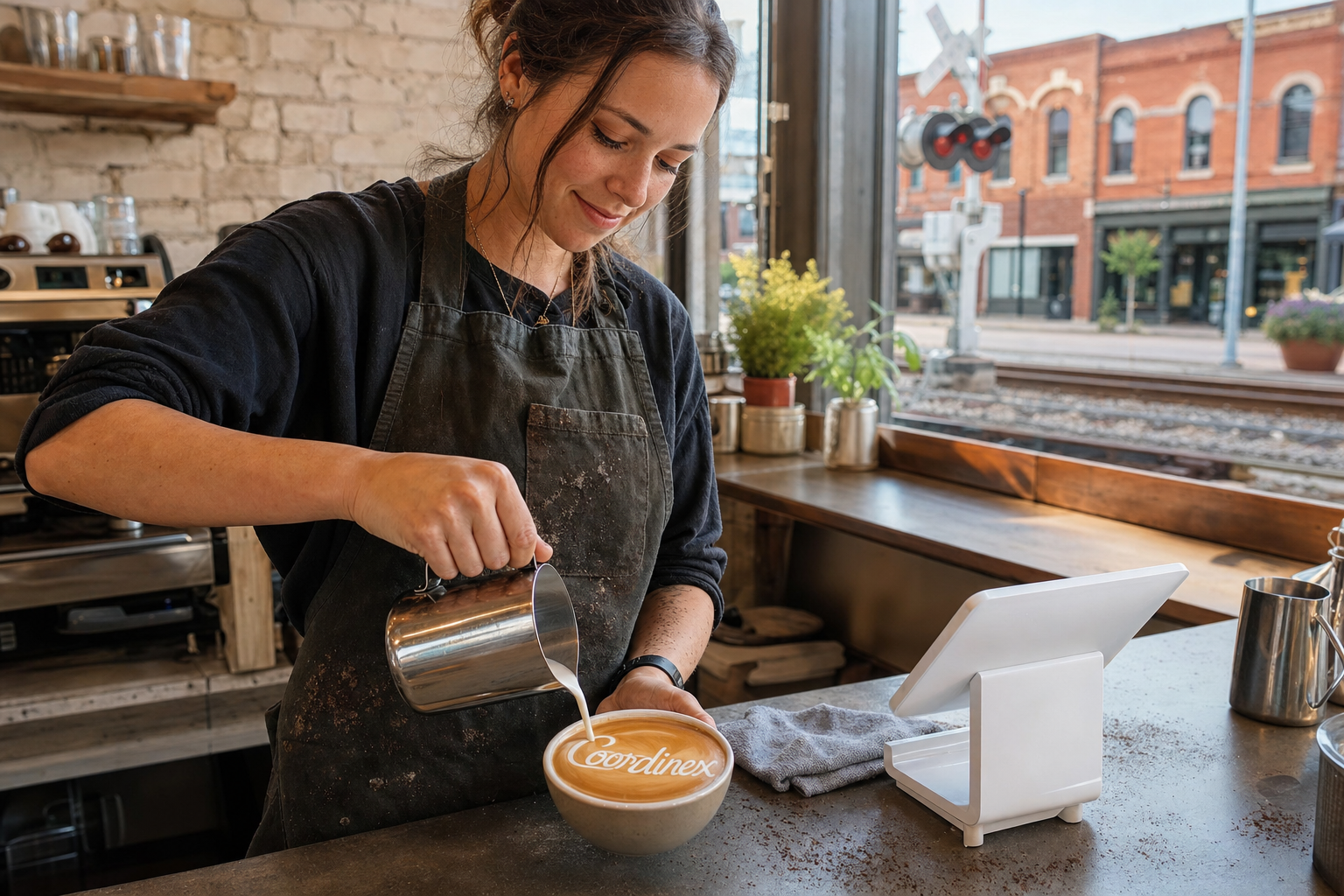 Young adult woman barista pouring milk into latte art spelling Coordinex, with a point-of-sale tablet nearby inside a coffee shop in Opelika, AL.