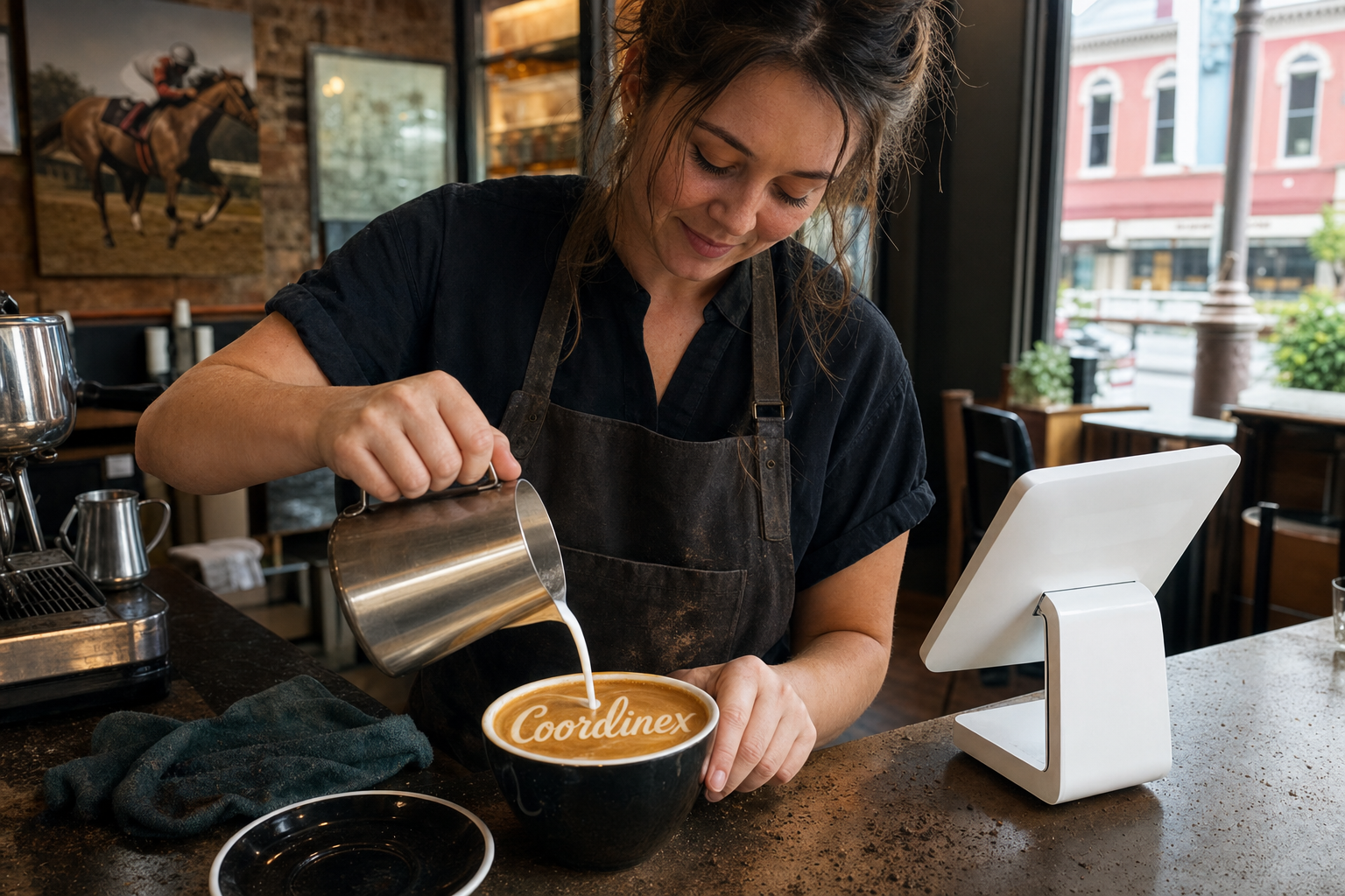 Young adult woman barista pouring milk into latte art spelling Coordinex, with a point-of-sale tablet nearby inside a coffee shop in Opelousas, LA.