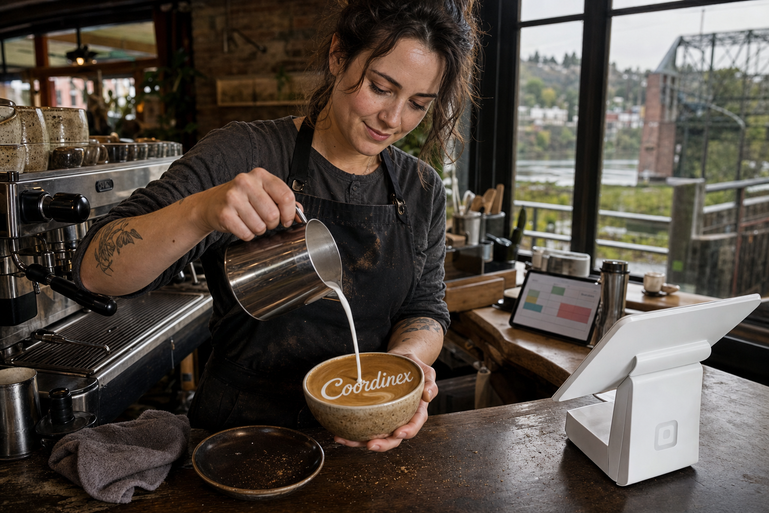 Young adult woman barista pouring milk into latte art spelling Coordinex, with a point-of-sale tablet nearby inside a coffee shop in Oregon City, OR.