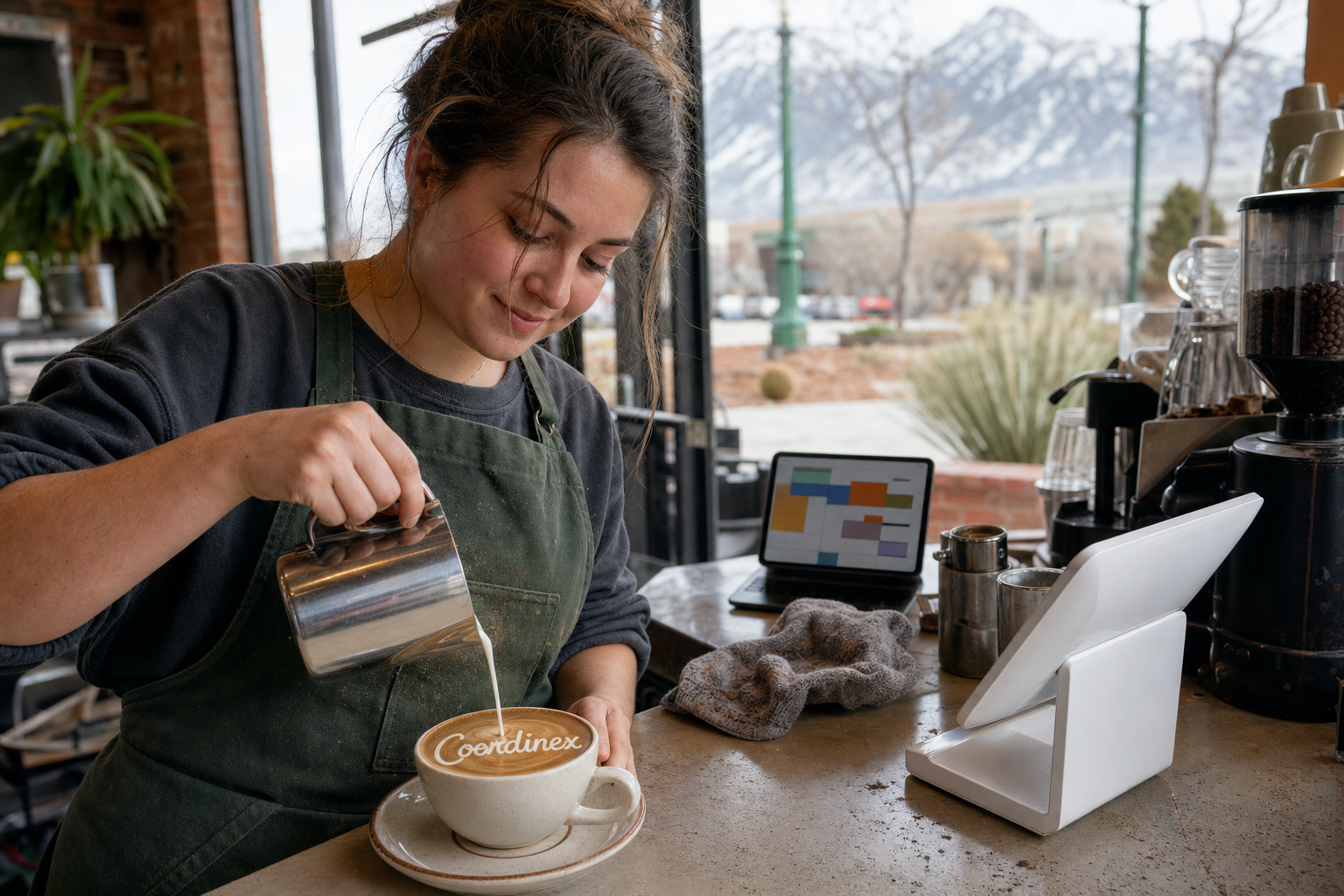 Young adult woman barista pouring milk into latte art spelling Coordinex, with a point-of-sale tablet nearby inside a coffee shop in Orem, UT.