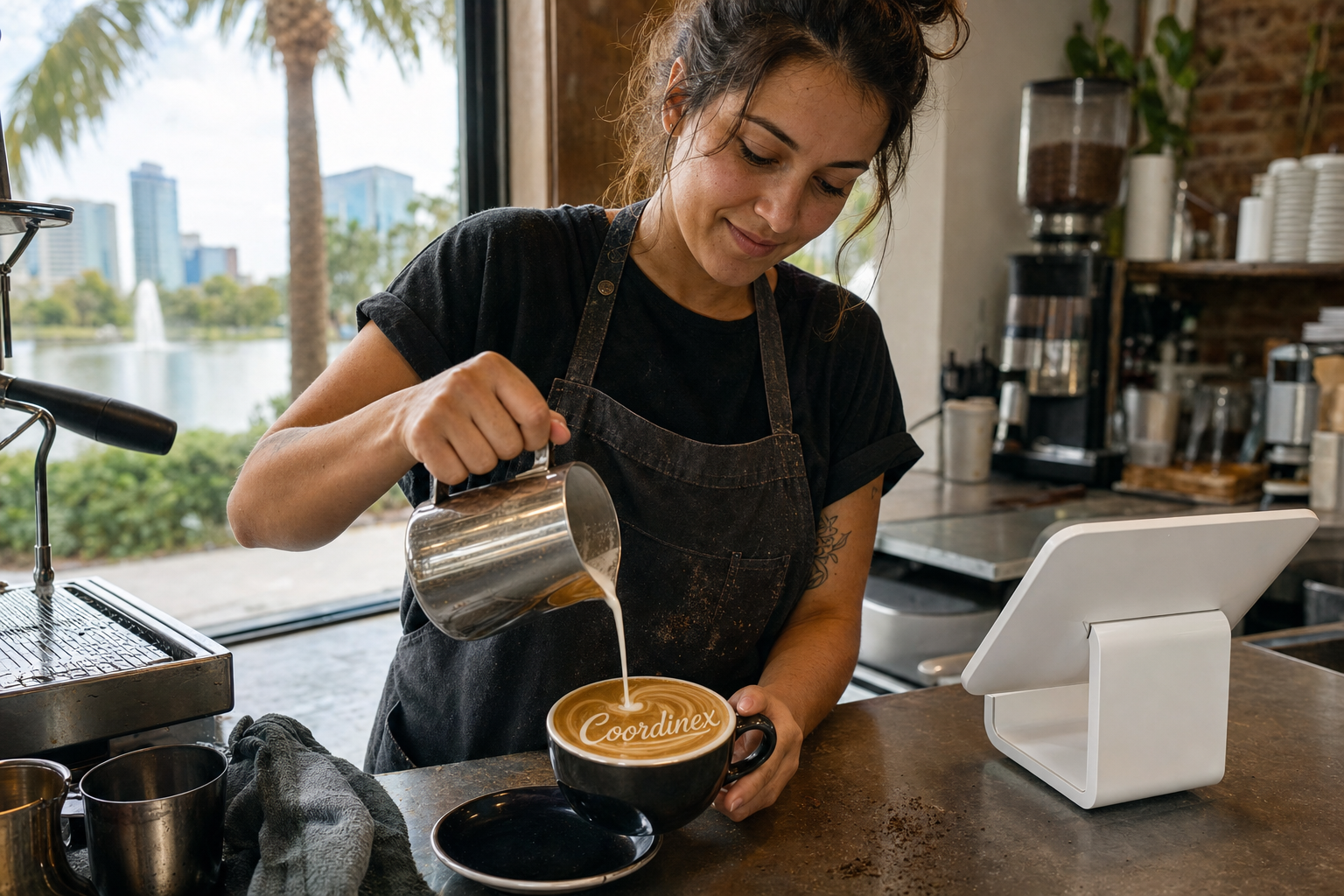 Young adult woman barista pouring milk into latte art spelling Coordinex, with a point-of-sale tablet nearby inside a coffee shop in Orlando, FL.