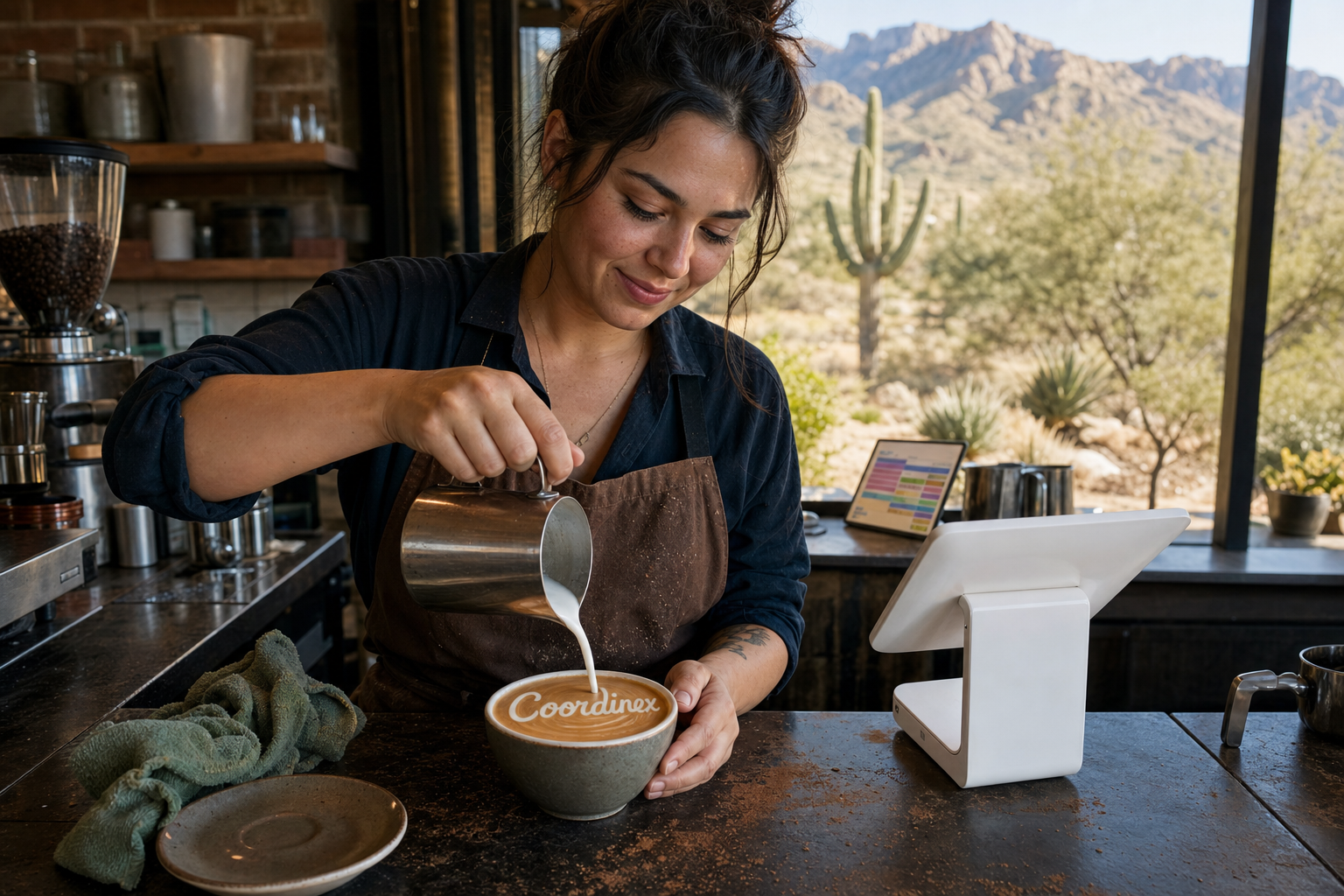 Young adult woman barista pouring milk into latte art spelling Coordinex, with a point-of-sale tablet nearby inside a coffee shop in Oro Valley, AZ.
